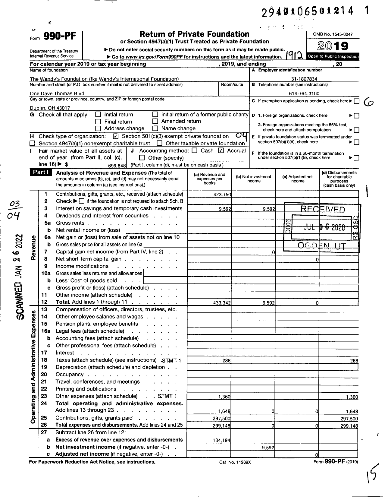 Image of first page of 2019 Form 990PF for The Wendys Foundation