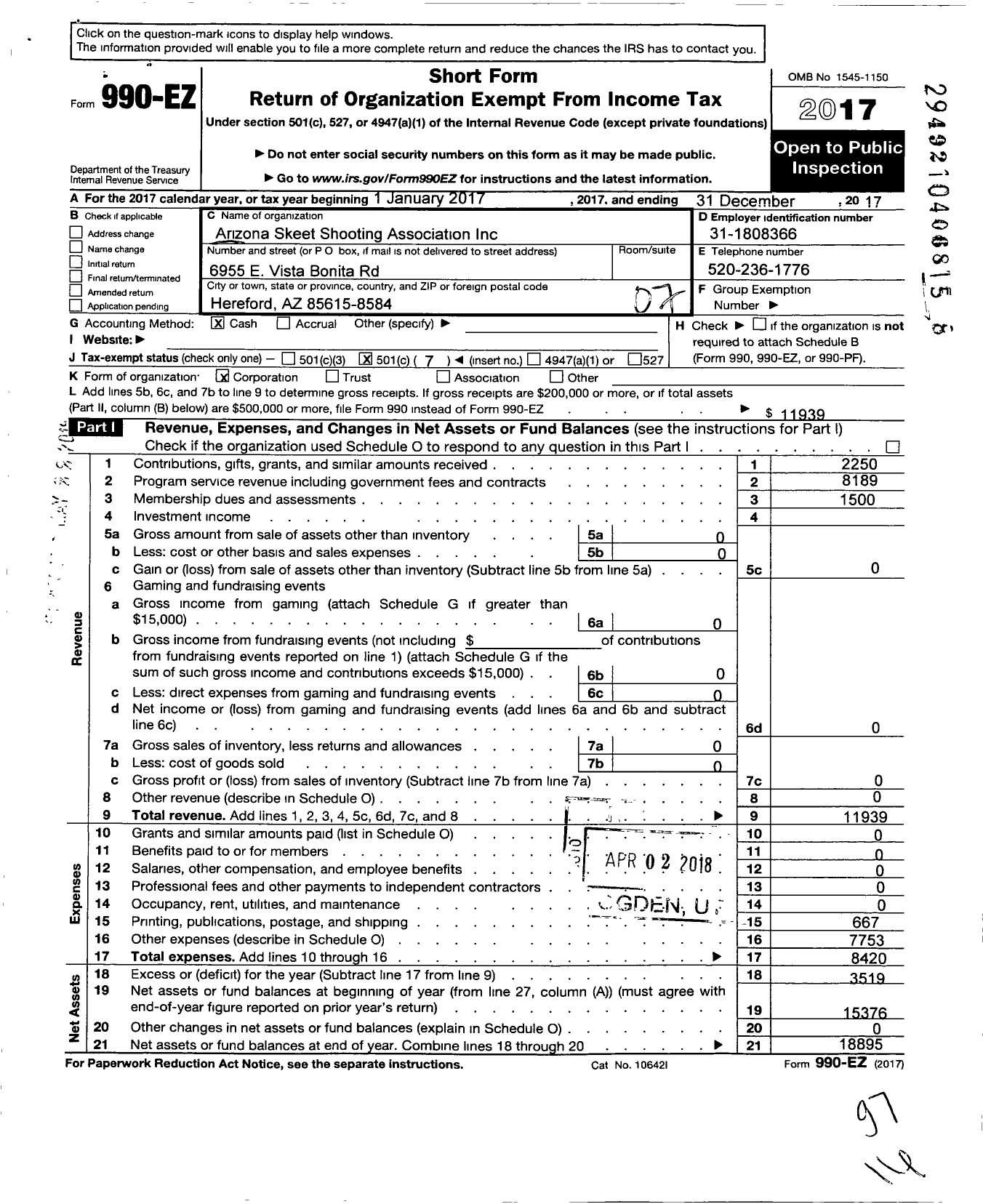 Image of first page of 2017 Form 990EO for Arizona Skeet Shooting Association