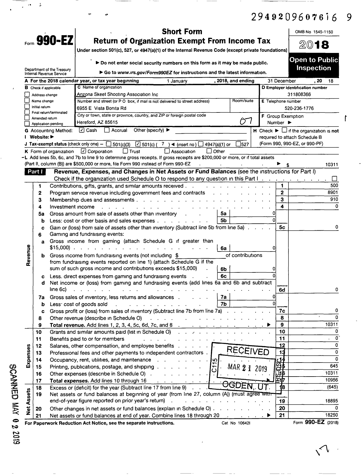 Image of first page of 2018 Form 990EO for Arizona Skeet Shooting Association