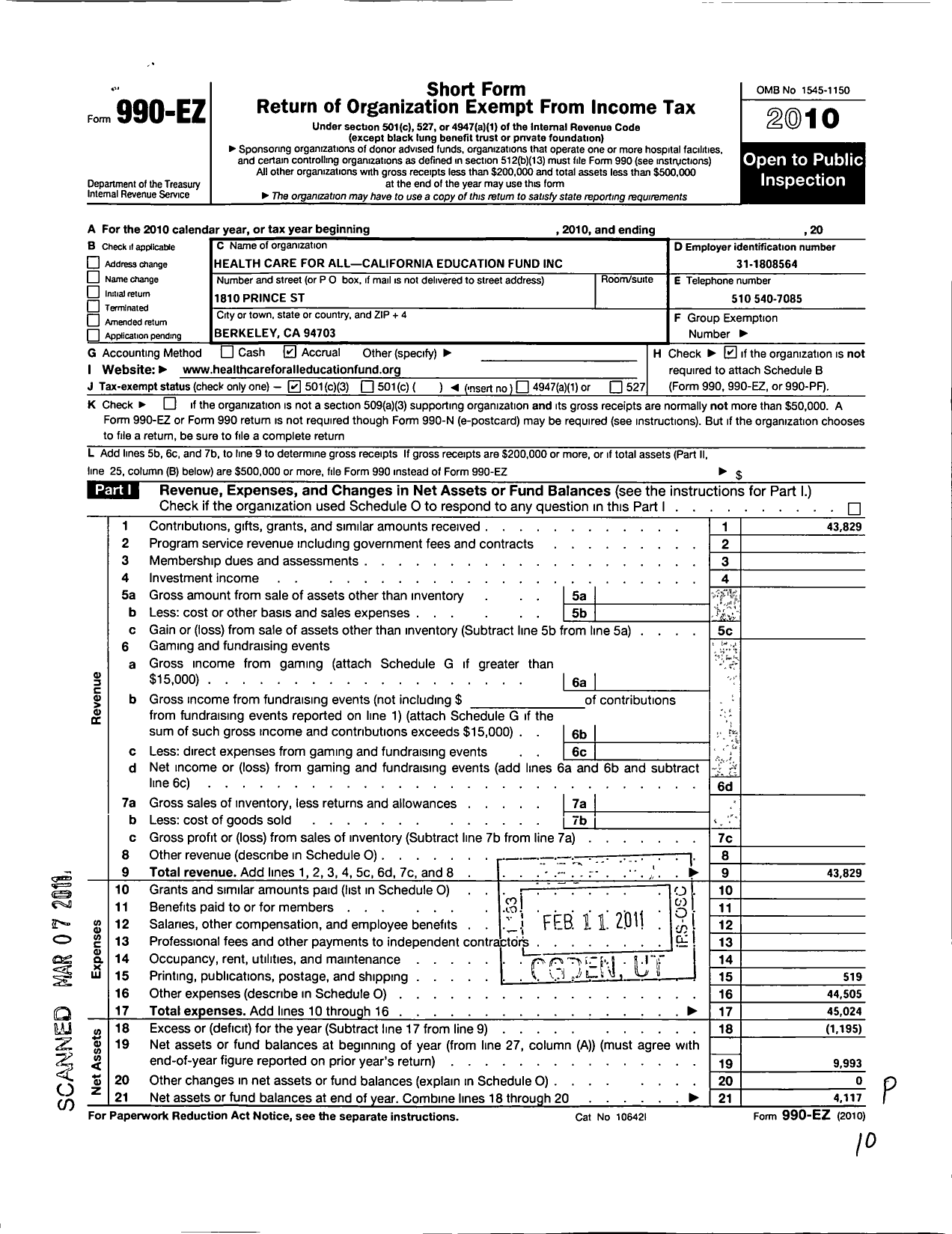 Image of first page of 2010 Form 990EZ for Health Care for All-California Education Fund