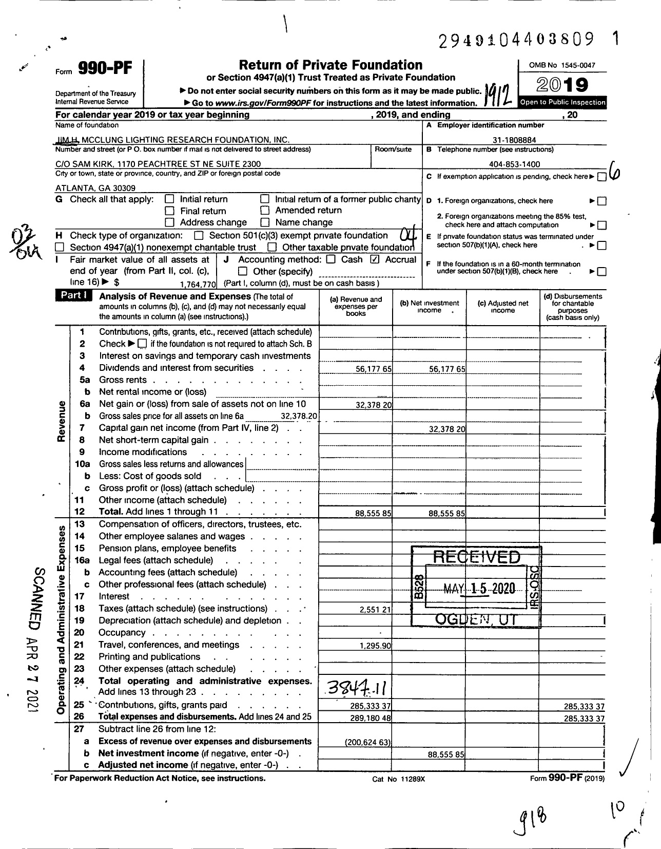 Image of first page of 2019 Form 990PF for Jim H Mcclung Lighting Research Foundation