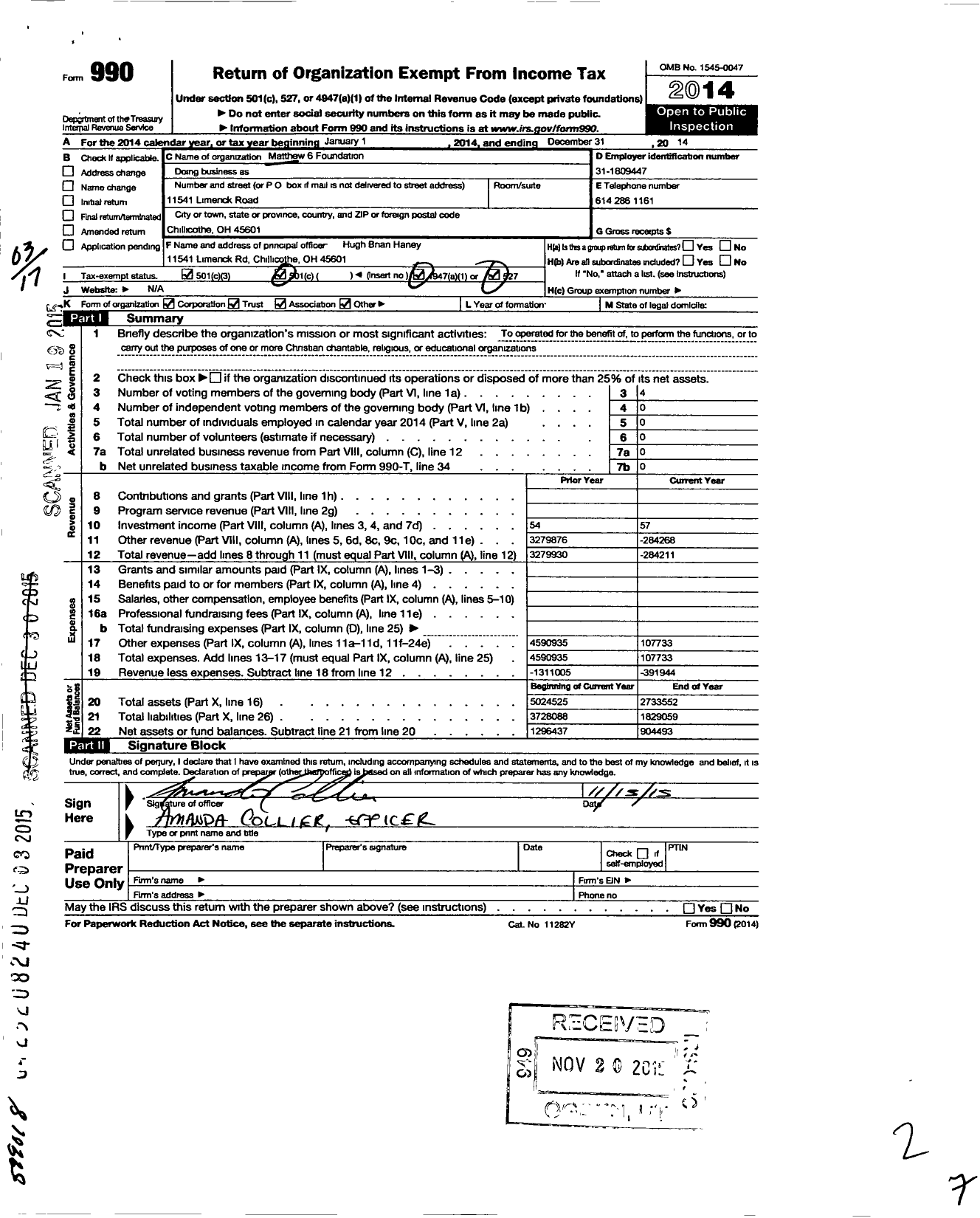 Image of first page of 2014 Form 990 for Matthew 6 Foundation / H Brian Haney Dir