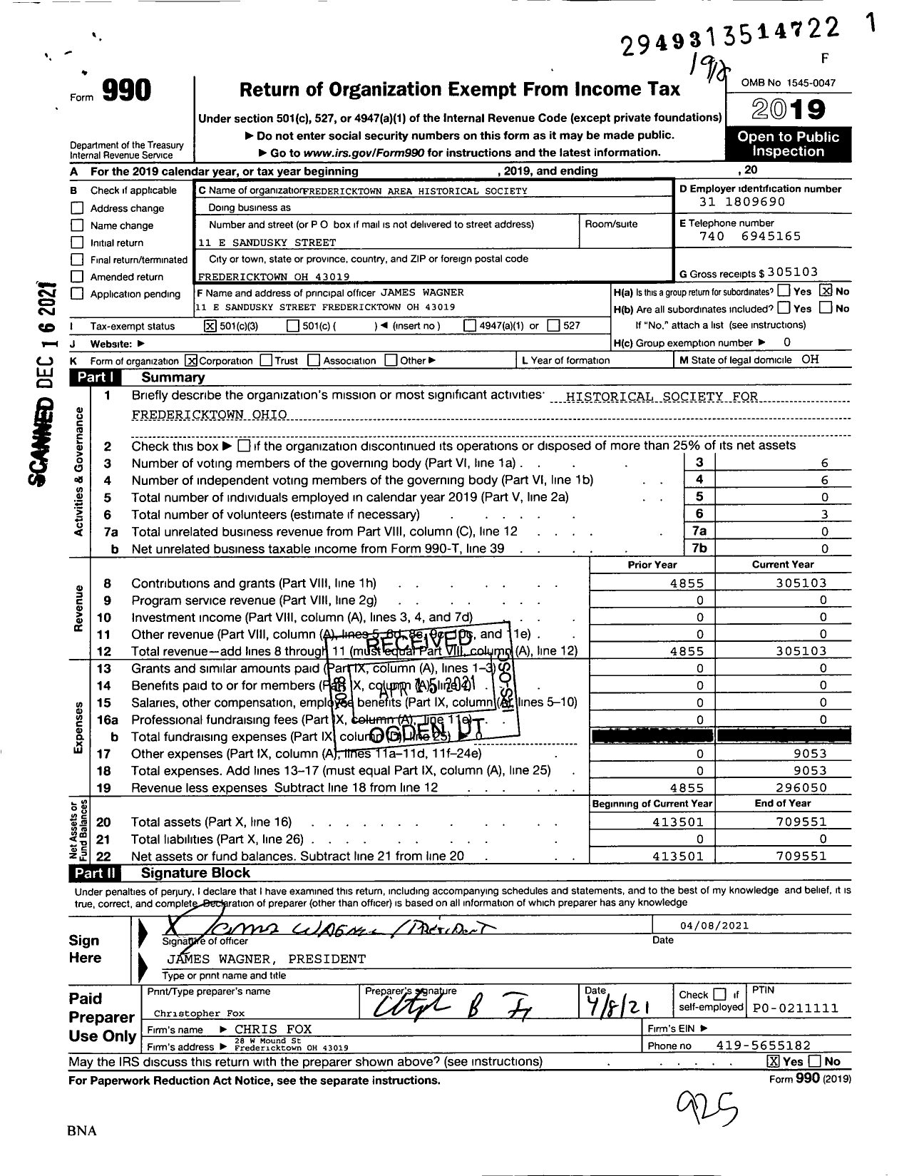 Image of first page of 2019 Form 990 for Fredericktown Area Historical Society