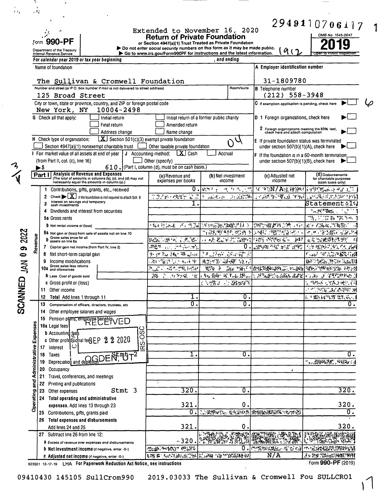 Image of first page of 2019 Form 990PF for The Sullivan & Cromwell Foundation