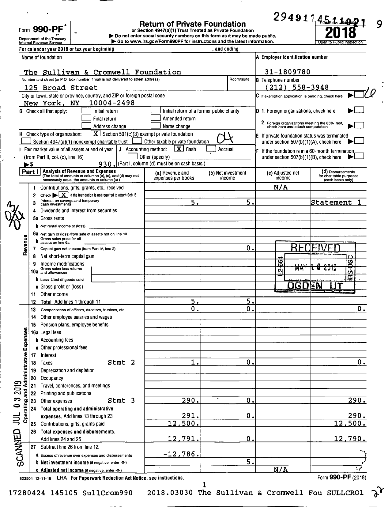 Image of first page of 2018 Form 990PF for The Sullivan & Cromwell Foundation