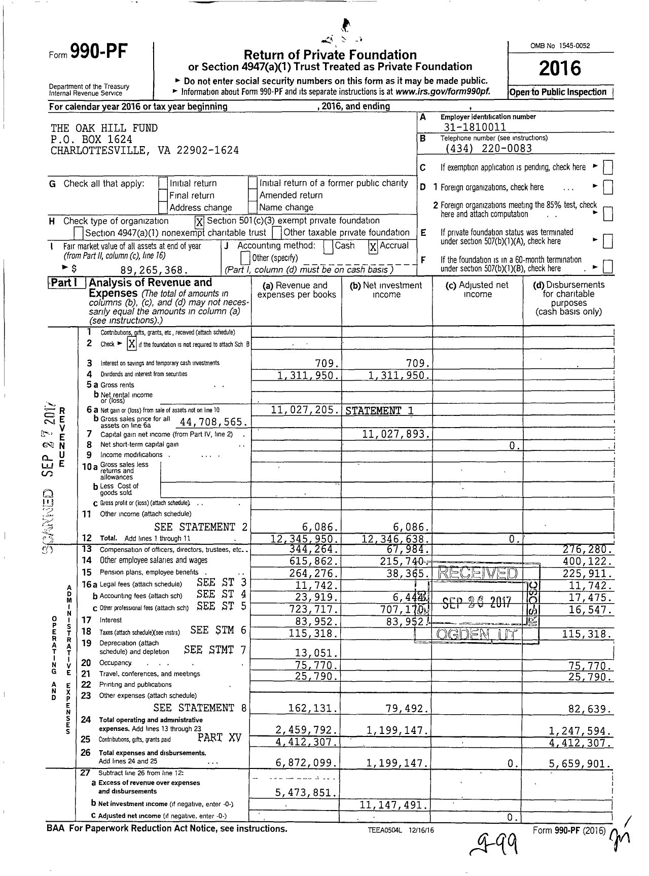Image of first page of 2016 Form 990PF for The Oak Hill Fund