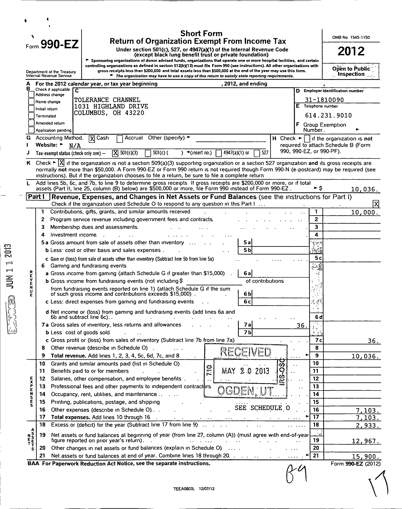 Image of first page of 2012 Form 990EZ for Tolerance Channel