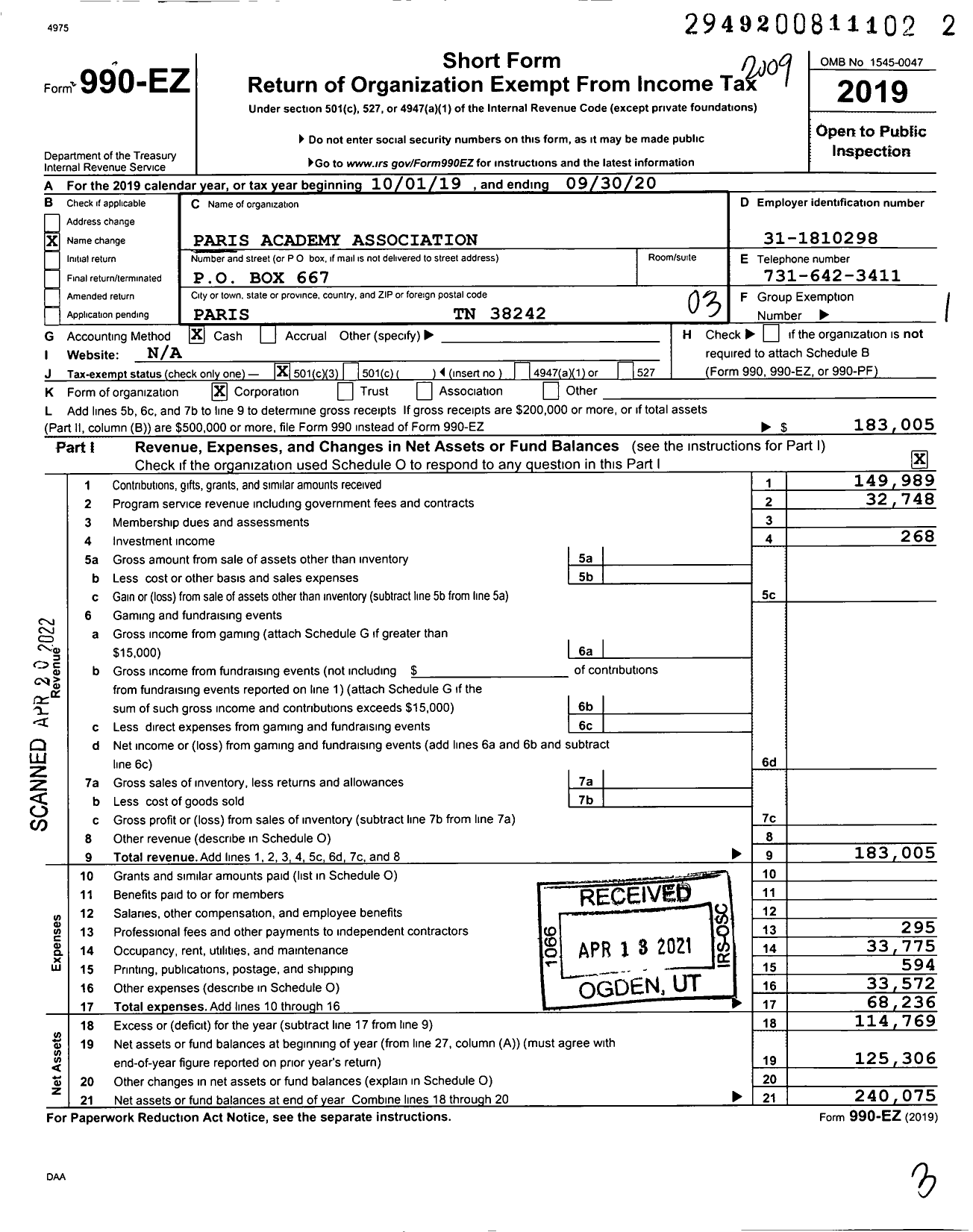 Image of first page of 2019 Form 990EZ for Paris Academy Association