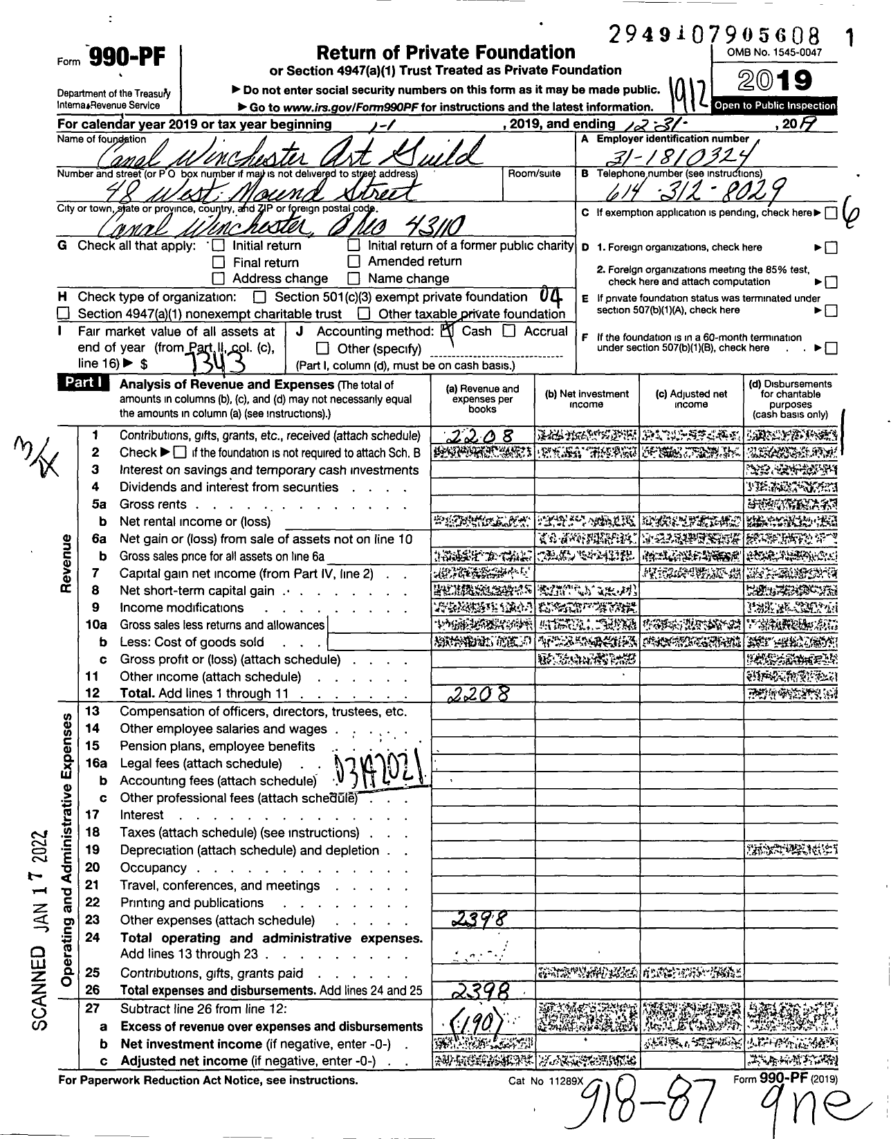 Image of first page of 2019 Form 990PF for Canal Winchester Art Guild