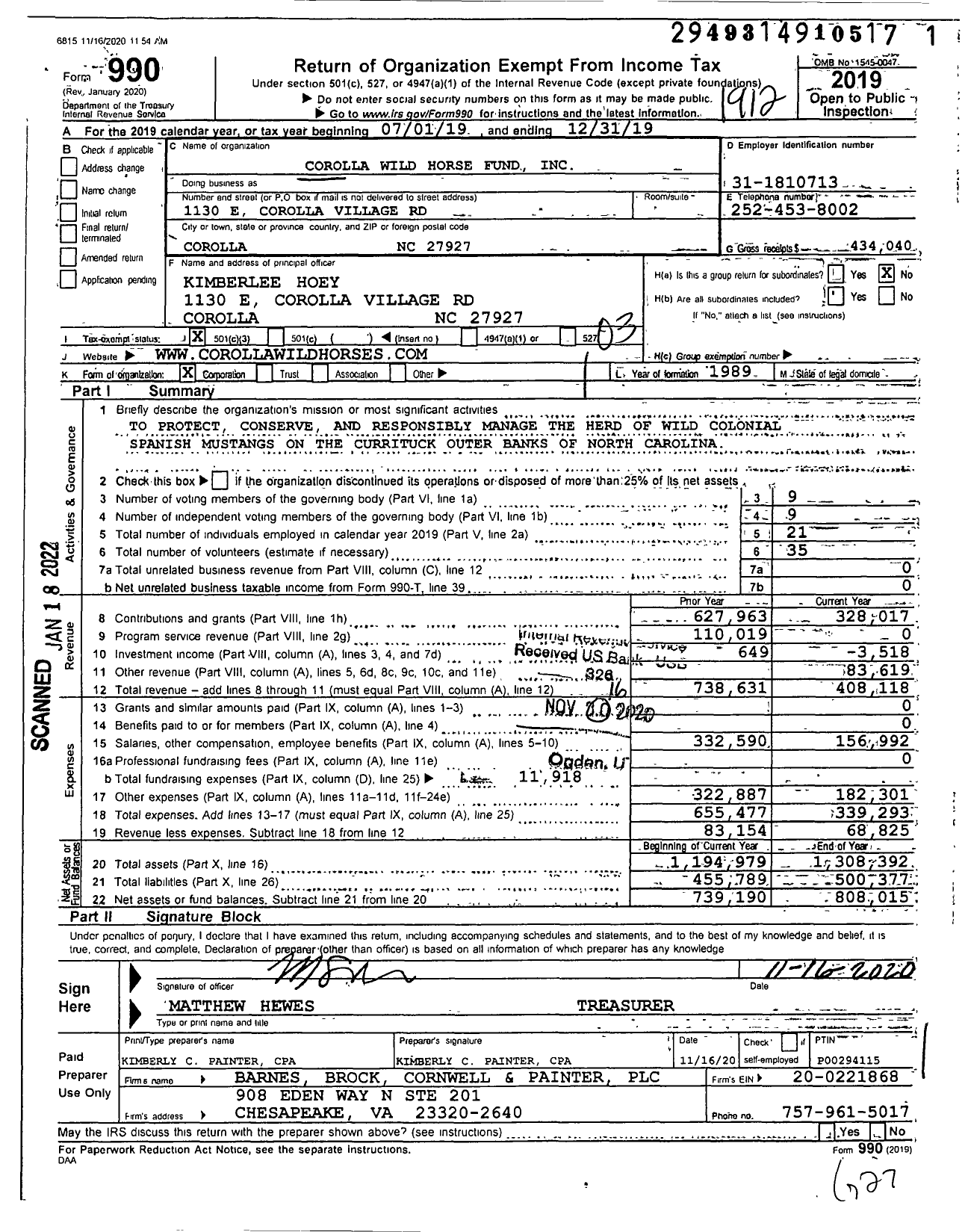 Image of first page of 2019 Form 990 for Corolla Wild Horse Fund (CWHF)