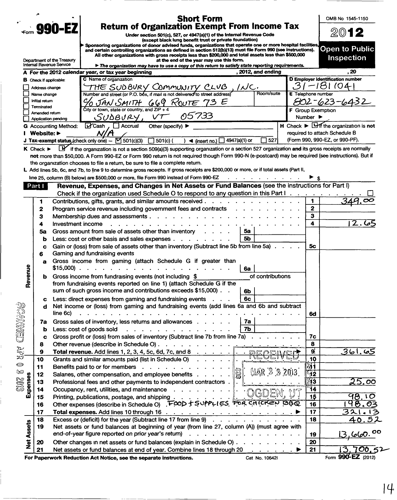 Image of first page of 2012 Form 990EZ for The Sudbury Community Club