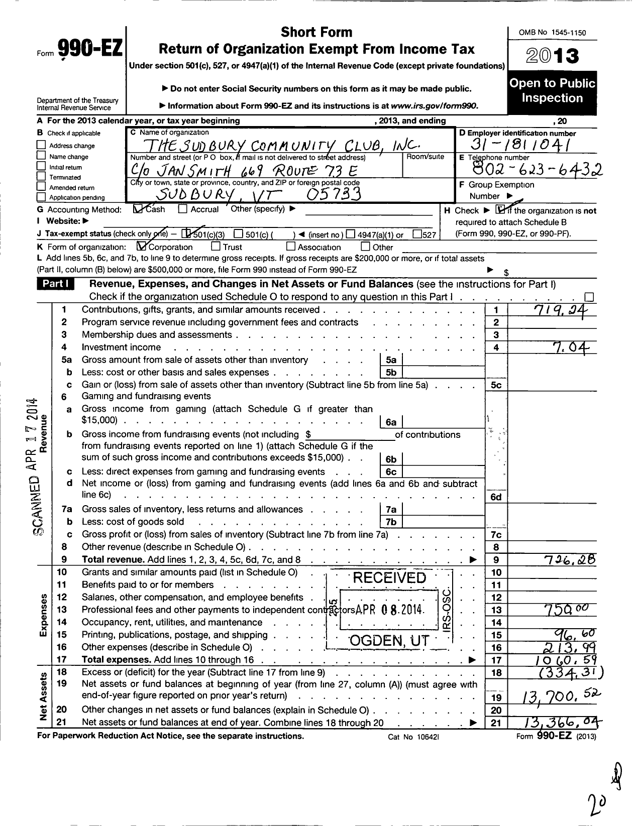 Image of first page of 2013 Form 990EZ for The Sudbury Community Club