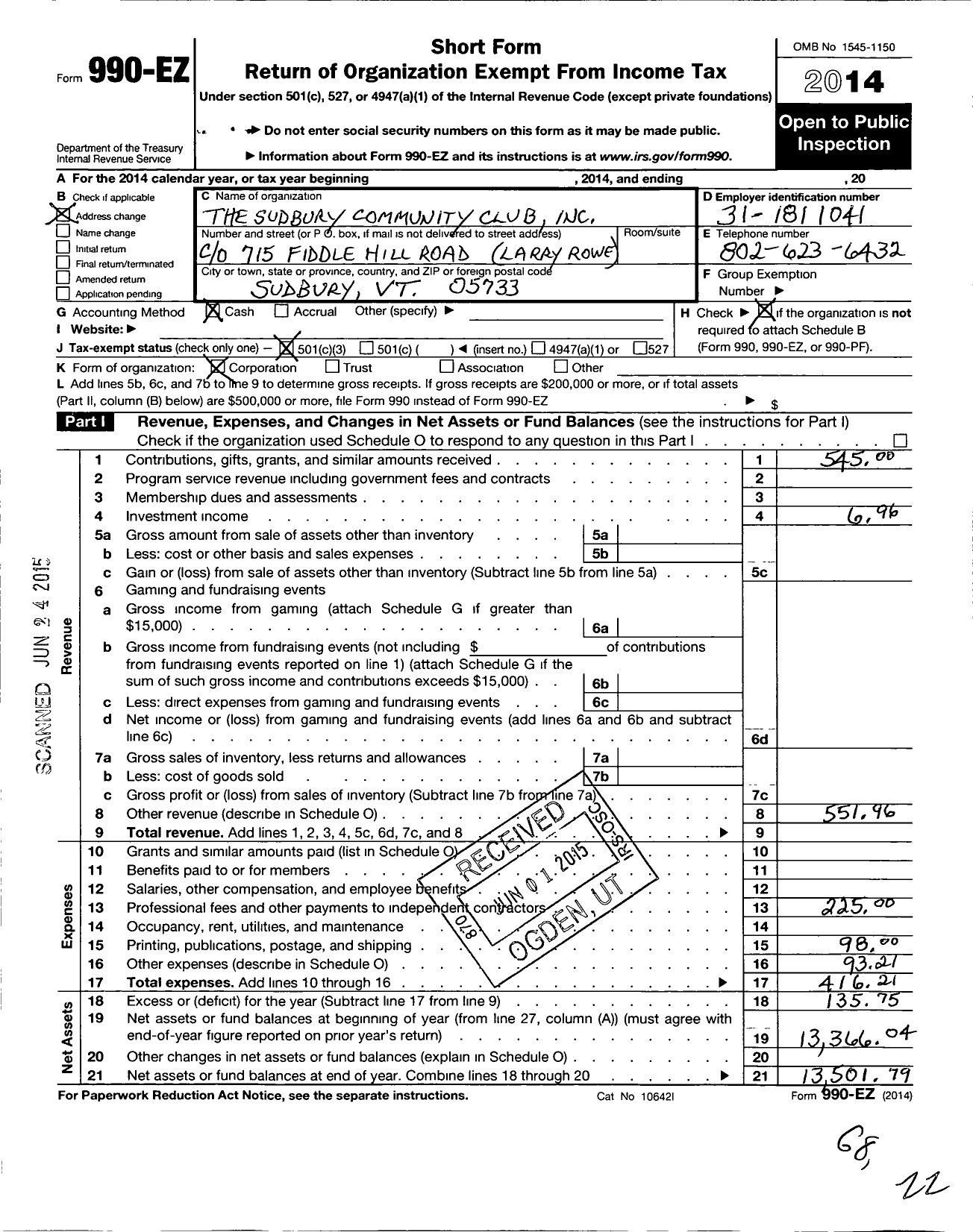 Image of first page of 2014 Form 990EZ for The Sudbury Community Club