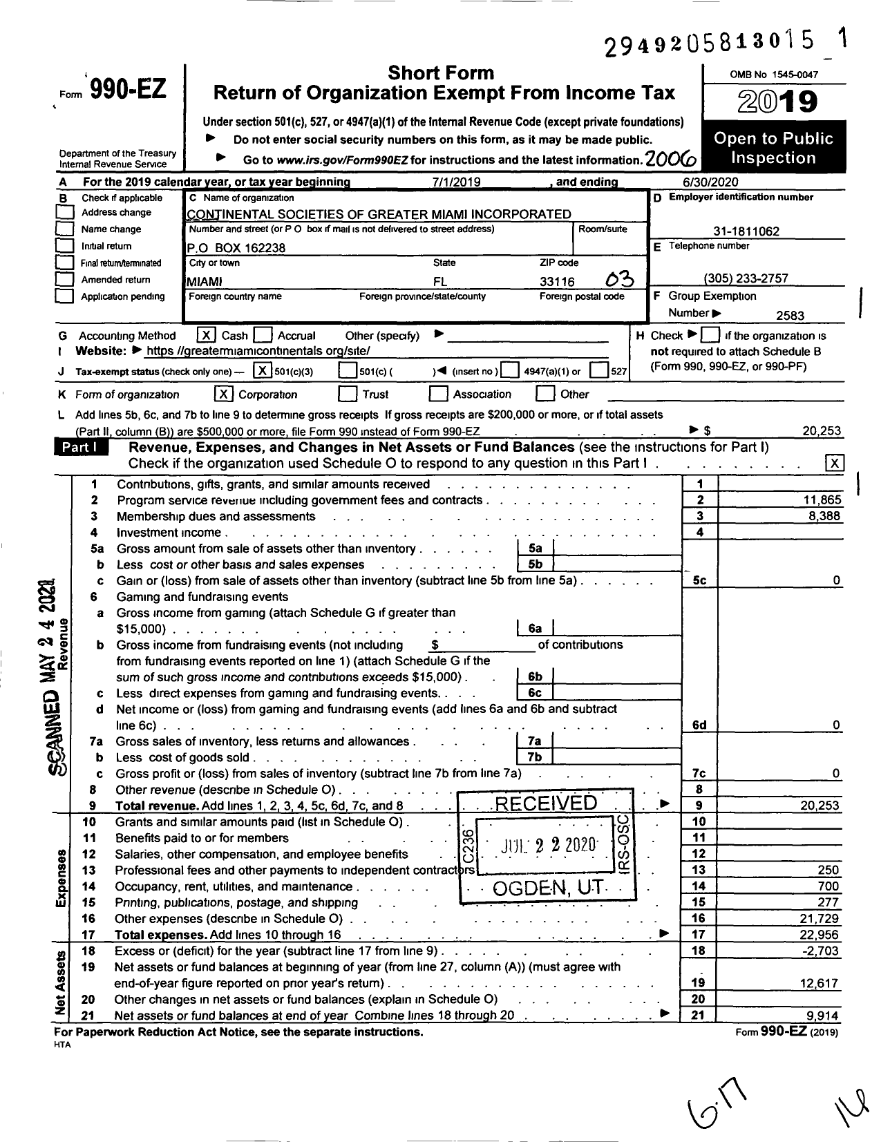 Image of first page of 2019 Form 990EZ for Continental Societies of Greater Miami Chapter