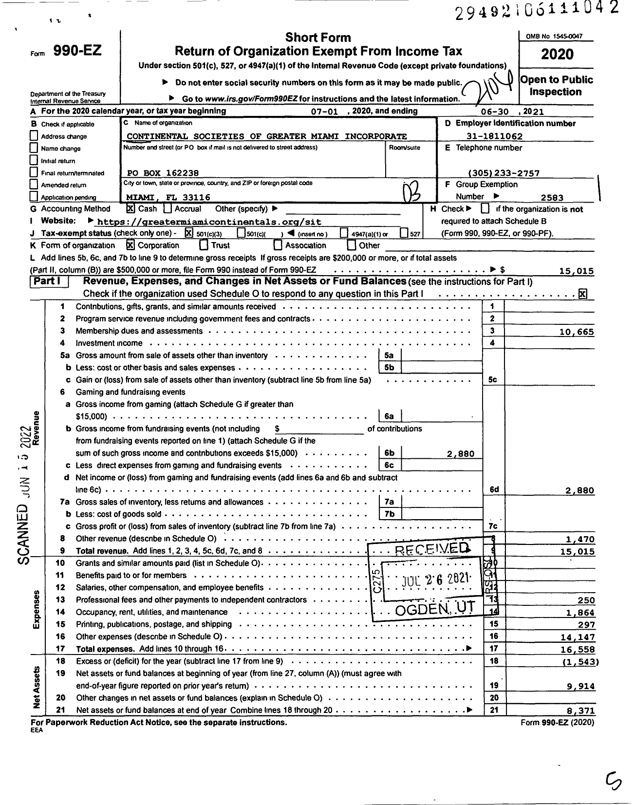 Image of first page of 2020 Form 990EZ for Continental Societies of Greater Miami Chapter