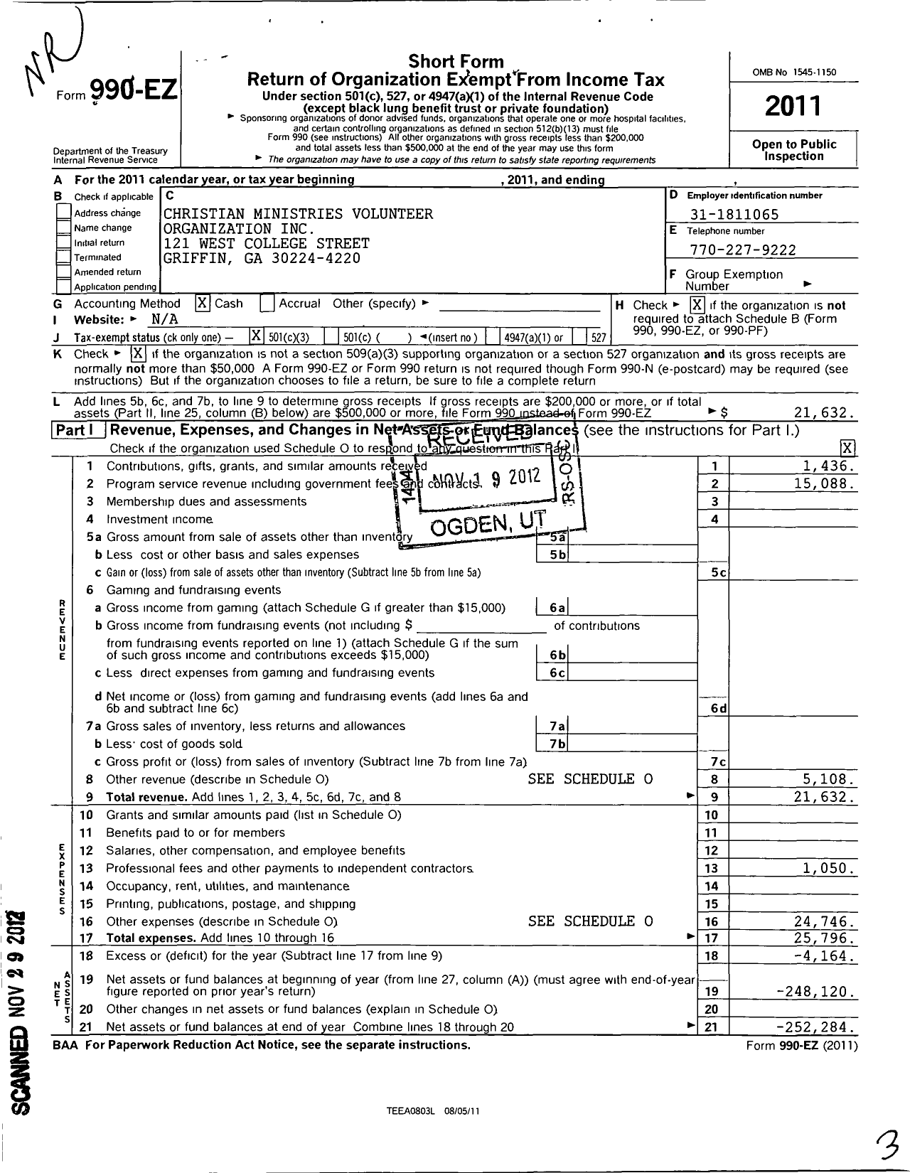 Image of first page of 2011 Form 990EZ for Christian Ministries Volunteer Organization