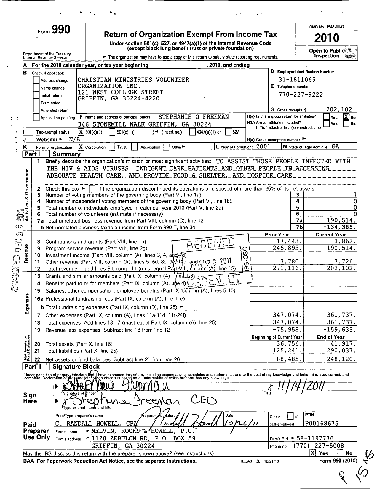 Image of first page of 2010 Form 990 for Christian Ministries Volunteer Organization