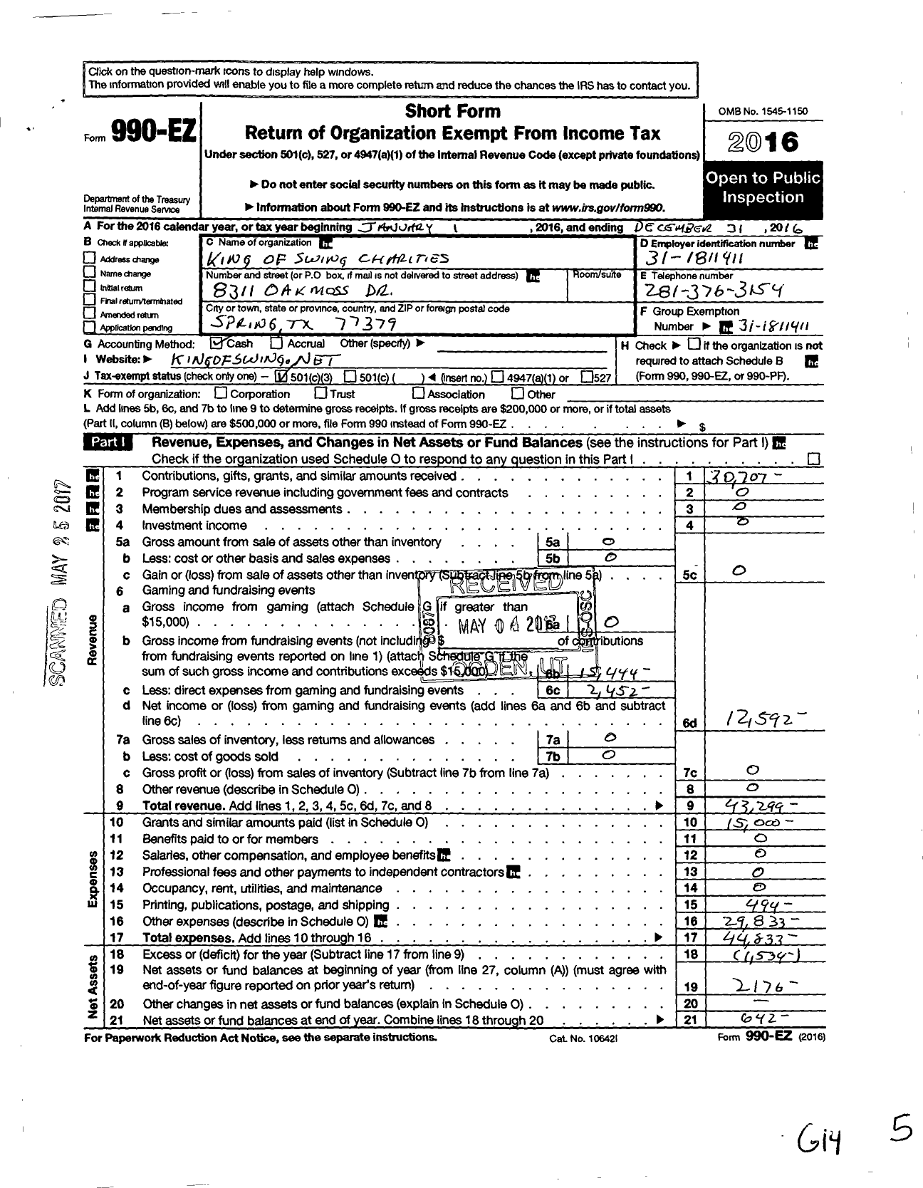 Image of first page of 2016 Form 990EZ for King of Swing Charities