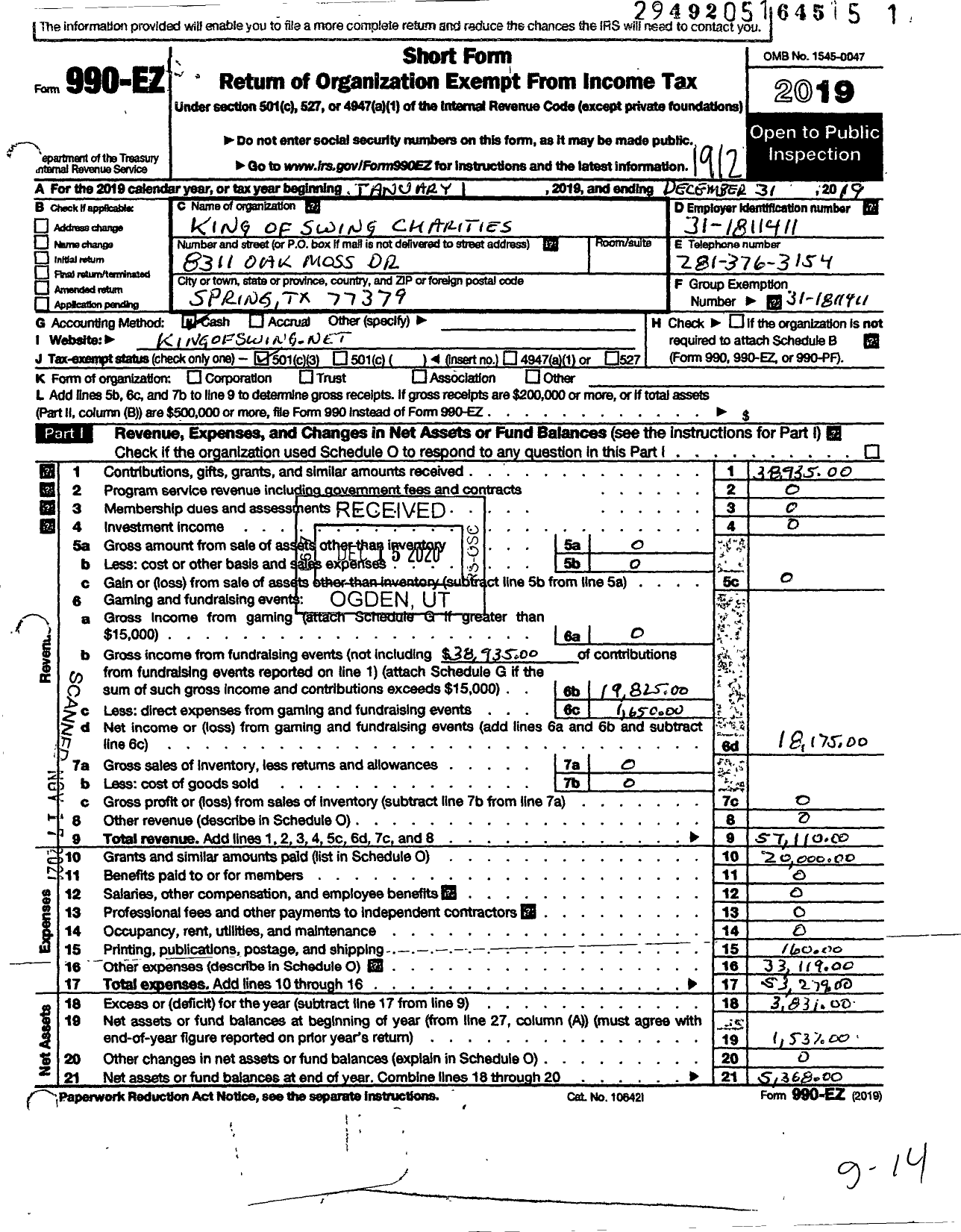 Image of first page of 2019 Form 990EZ for King of Swing Charities