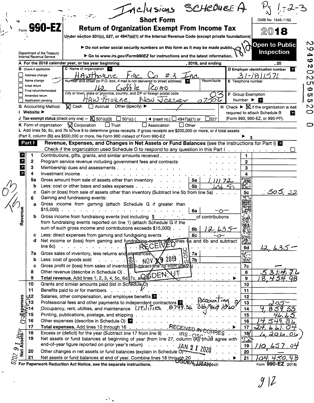 Image of first page of 2018 Form 990EZ for Hawthorne Fire Company #3