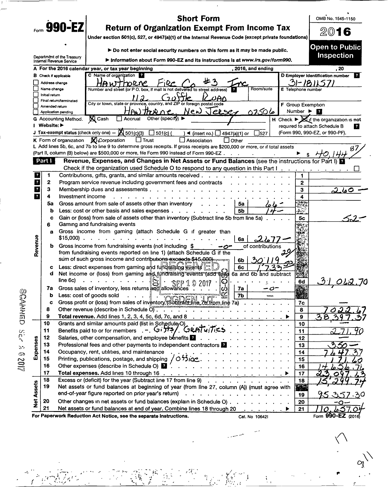 Image of first page of 2016 Form 990EZ for Hawthorne Fire Company #3