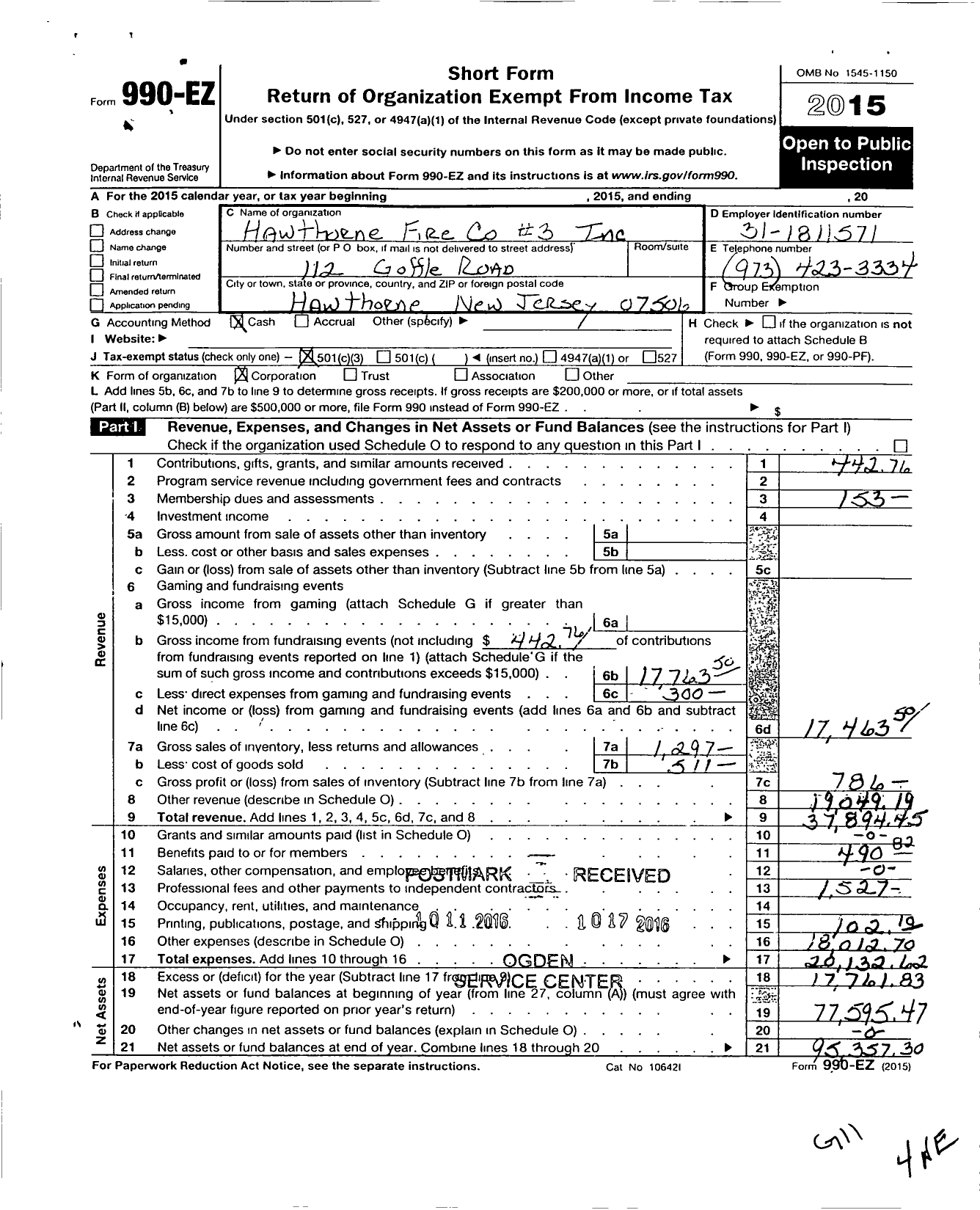 Image of first page of 2015 Form 990EZ for Hawthorne Fire Company #3