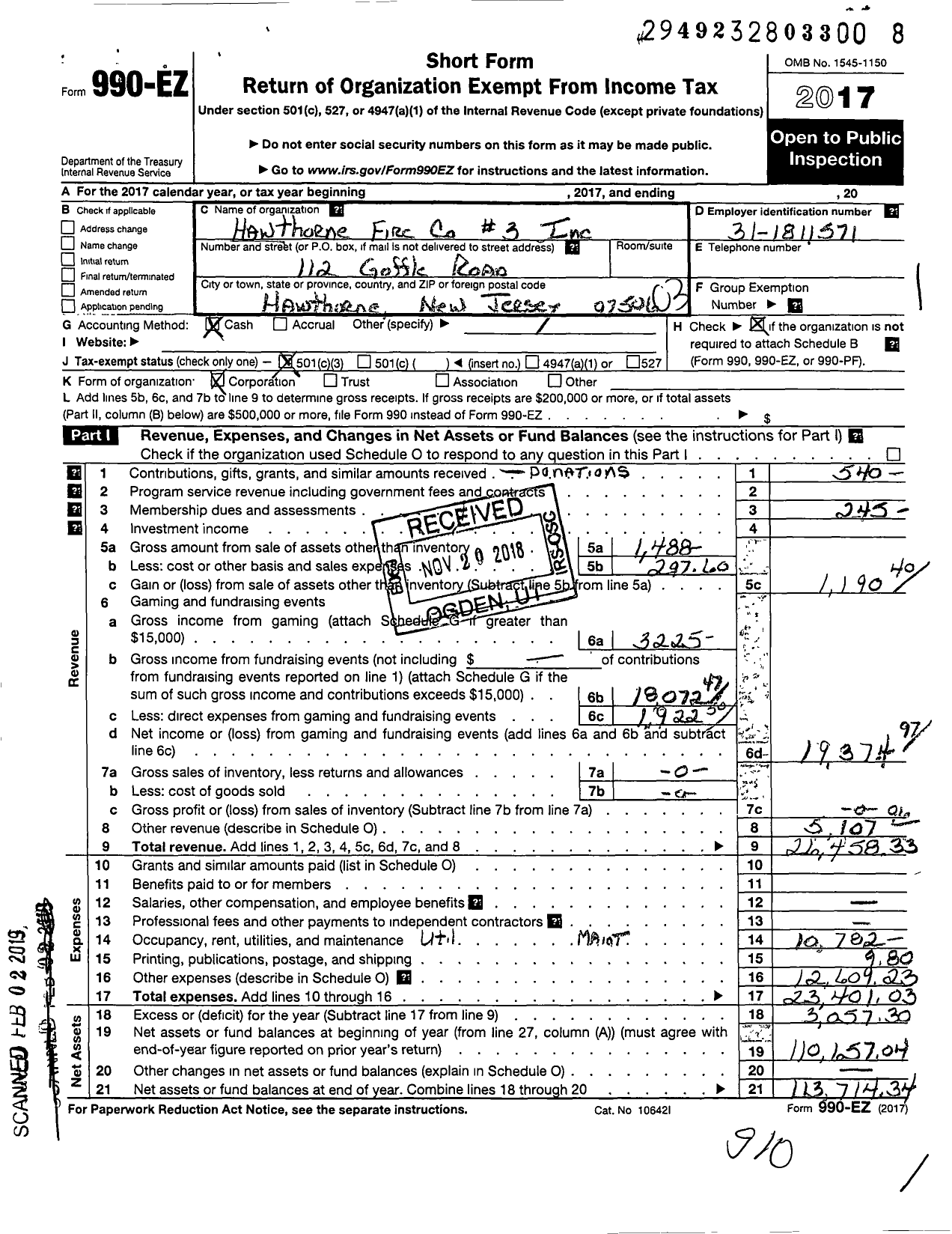 Image of first page of 2017 Form 990EZ for Hawthorne Fire Company #3