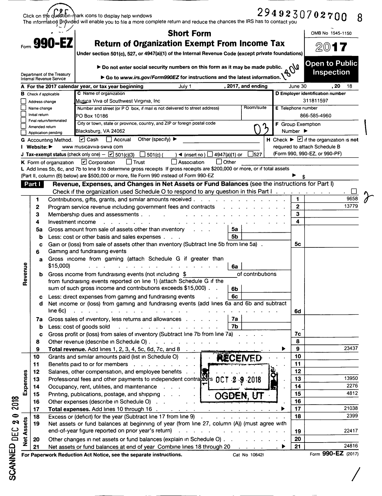 Image of first page of 2017 Form 990EZ for Musica Viva of Southwest Virginia