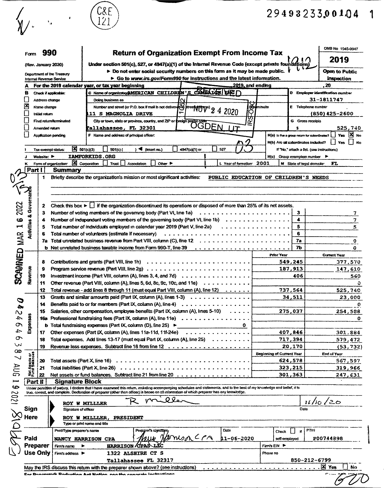 Image of first page of 2019 Form 990 for American Childrens Campaign