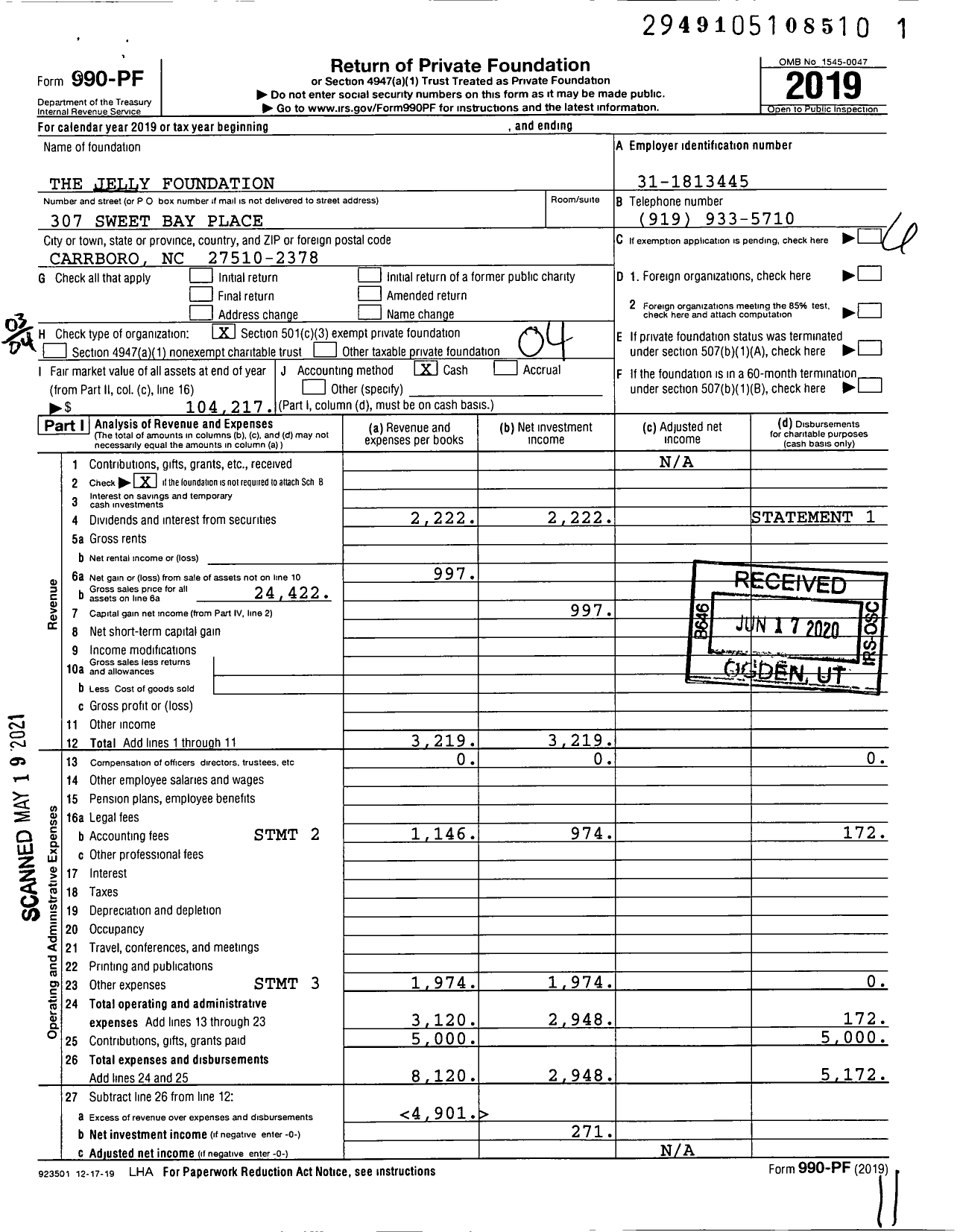 Image of first page of 2019 Form 990PF for The Jelly Foundation