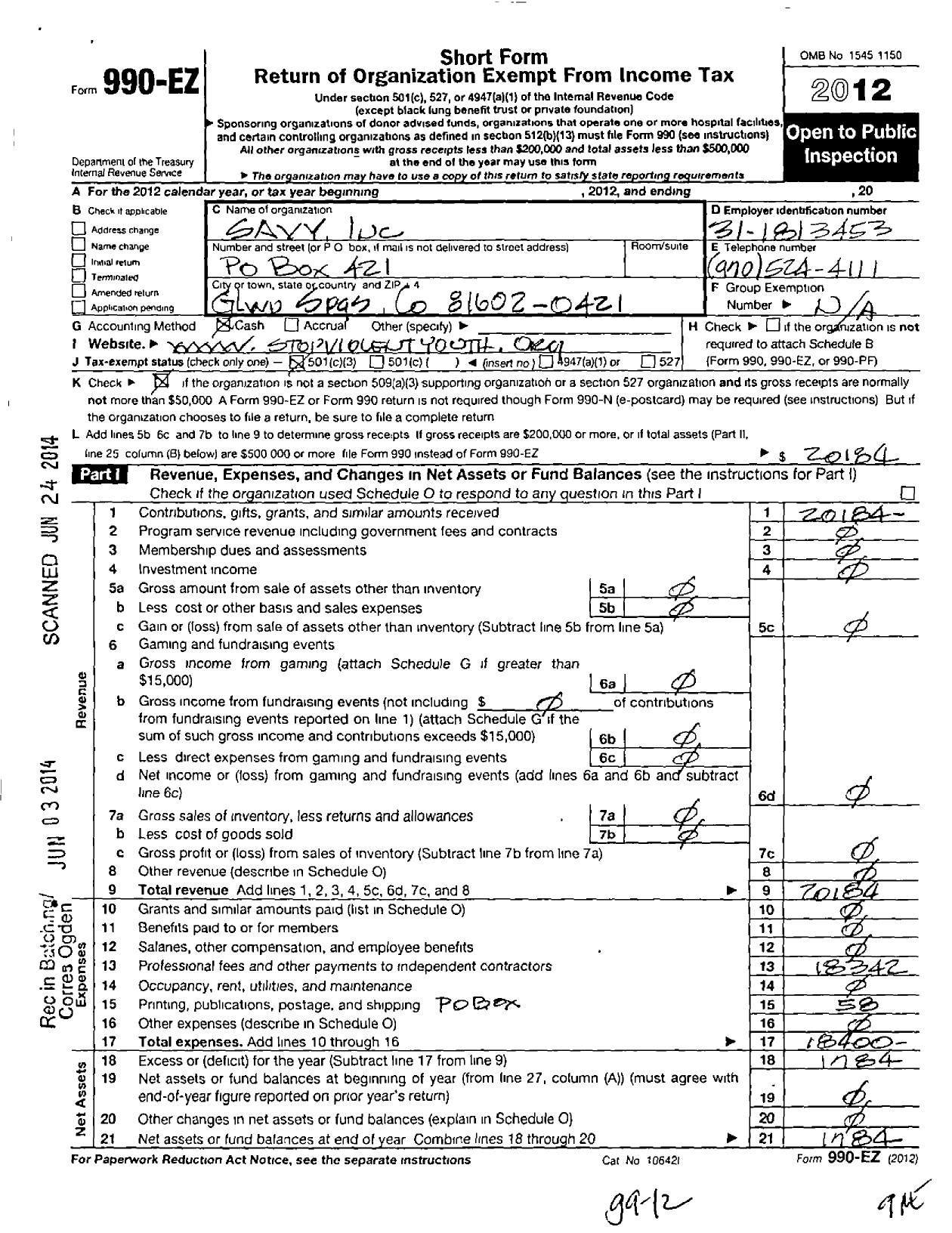 Image of first page of 2012 Form 990EZ for Savy