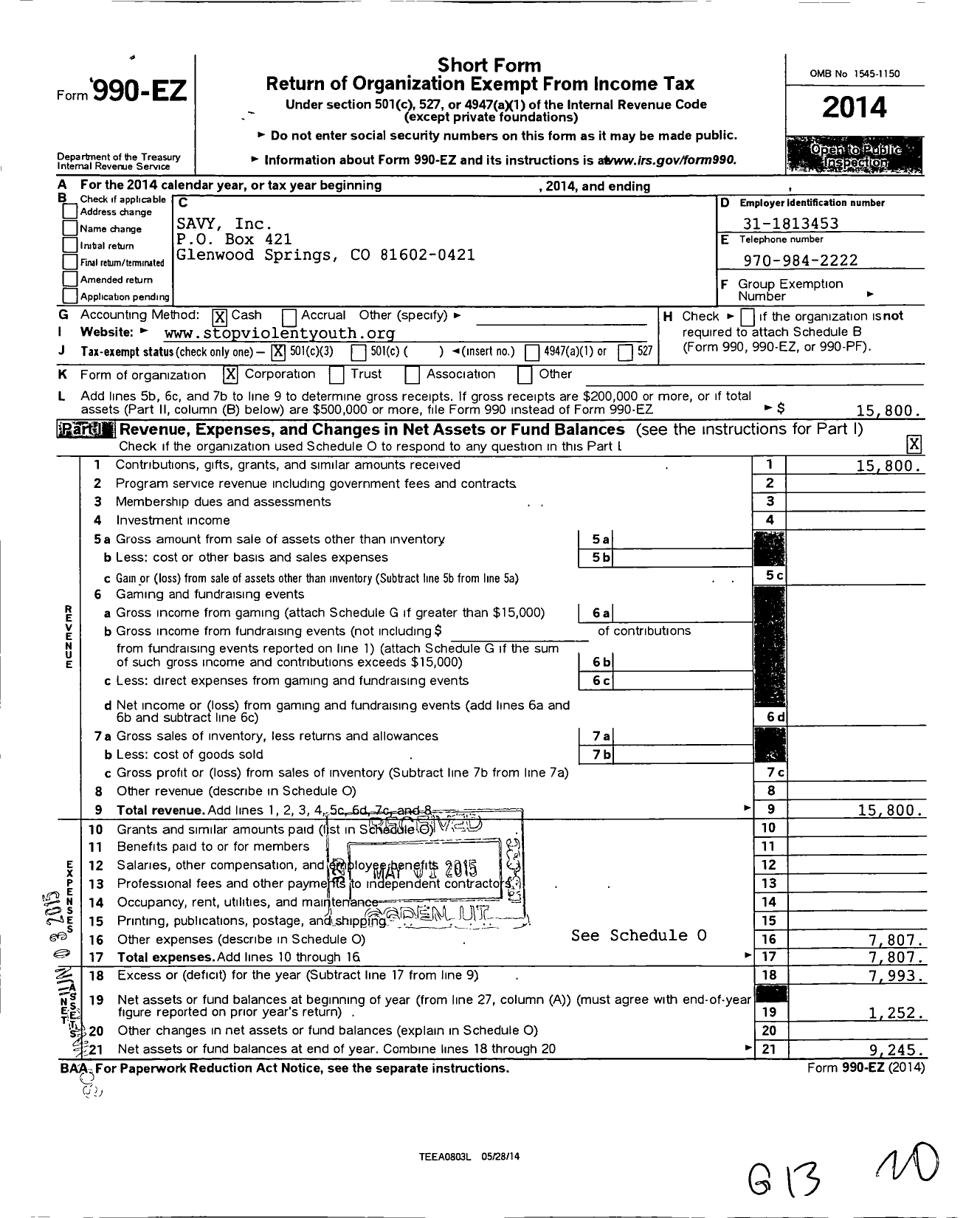 Image of first page of 2014 Form 990EZ for Savy