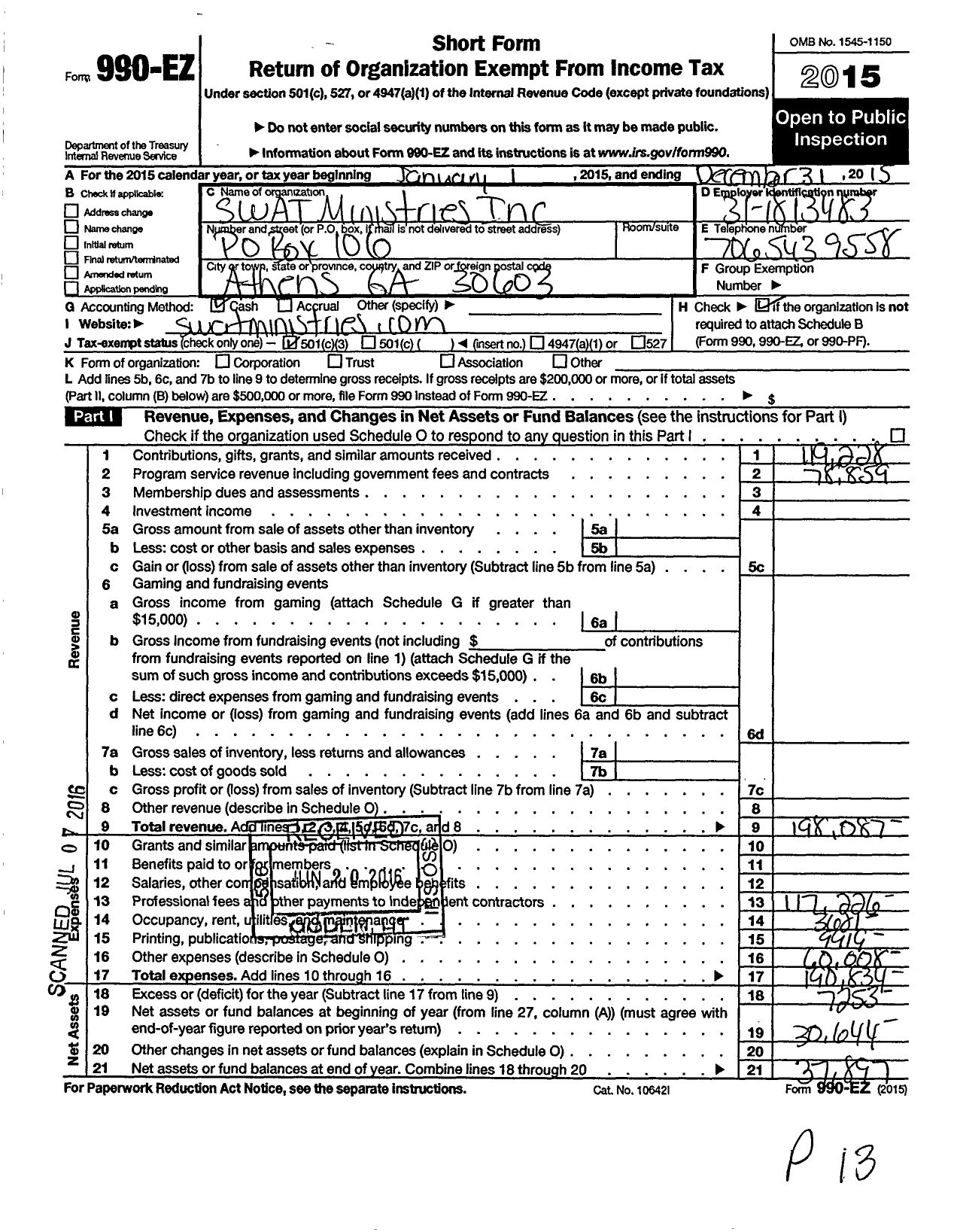 Image of first page of 2015 Form 990EZ for Swat W A T Ministries