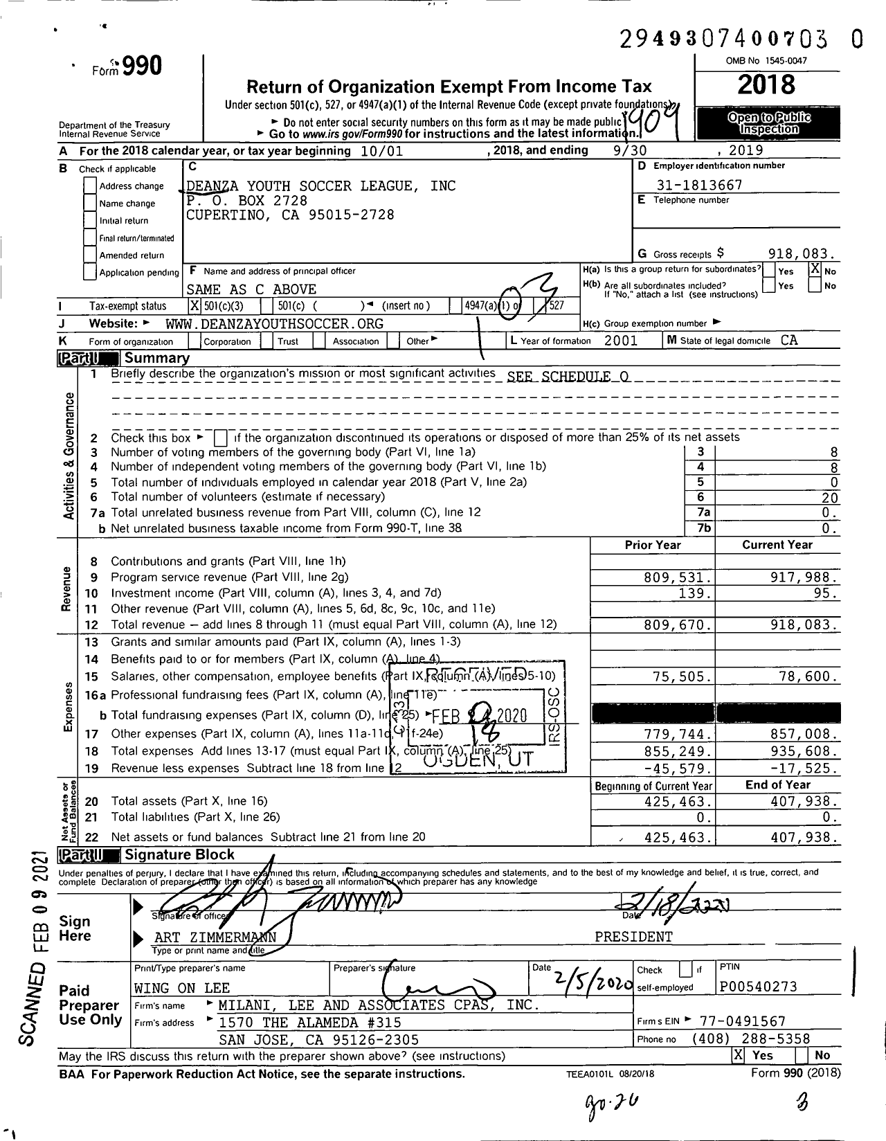 Image of first page of 2018 Form 990 for Deanza Youth Soccer League