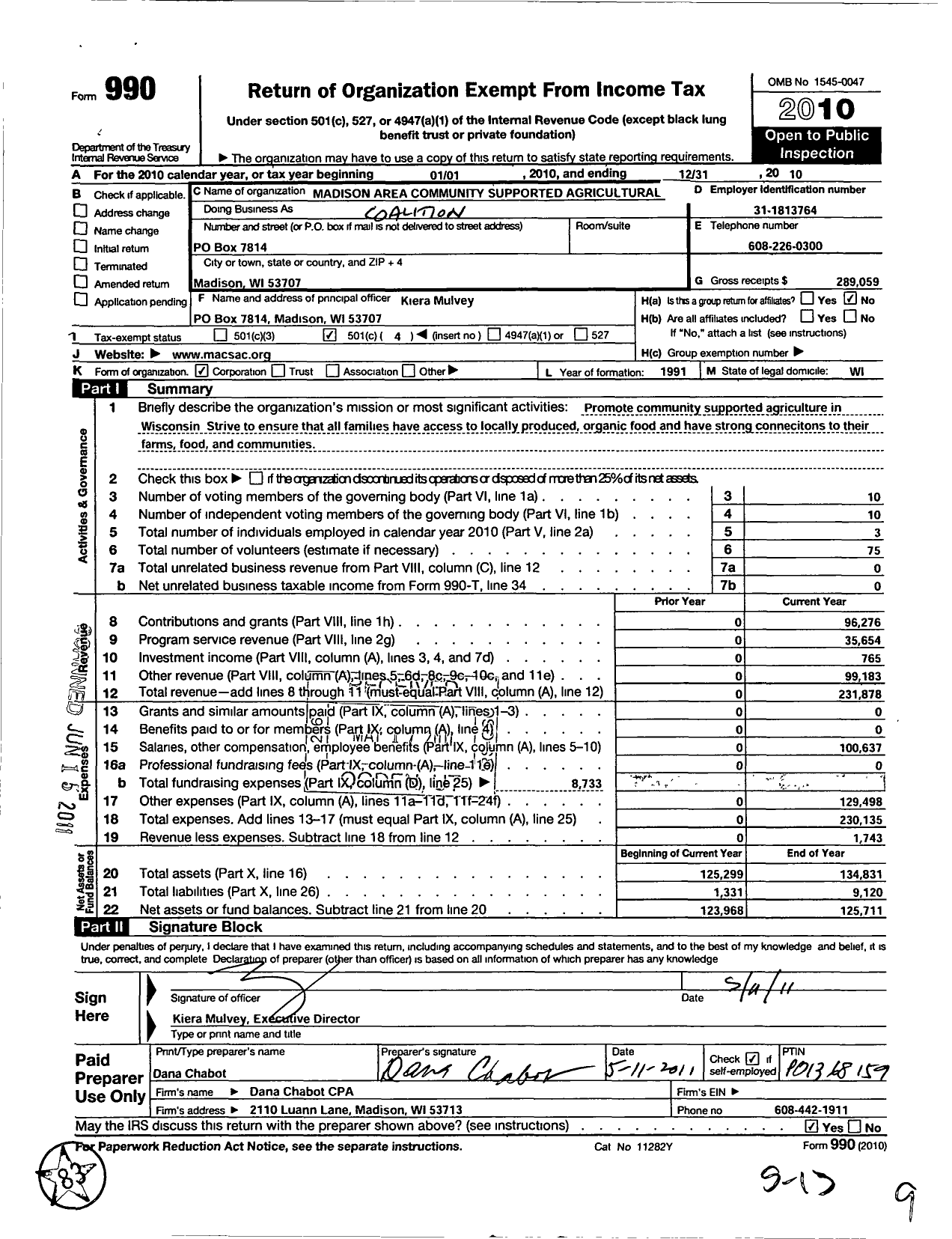 Image of first page of 2010 Form 990O for Madison Area Community Support Agricultural Coalition (MACSAC)
