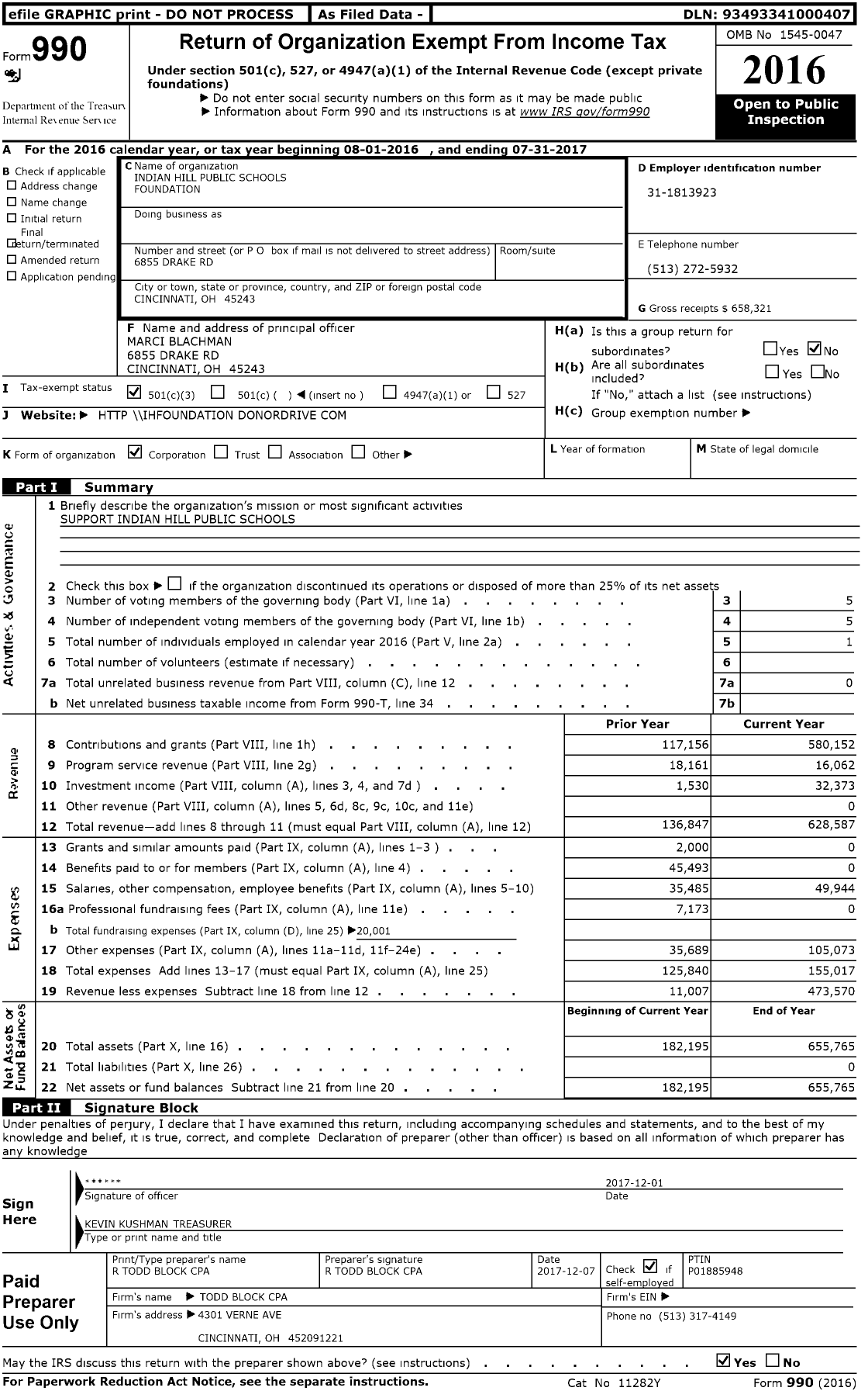 Image of first page of 2016 Form 990 for Indian Hill Foundation