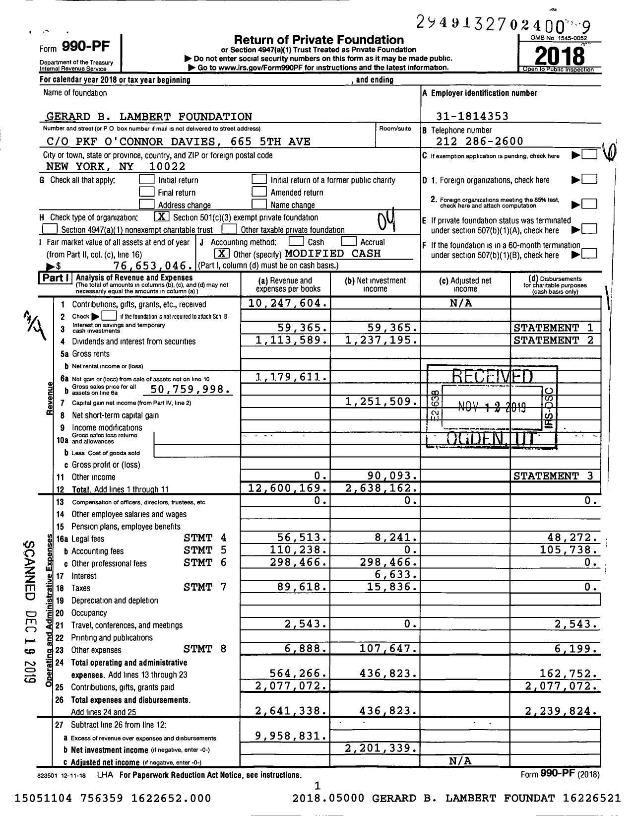 Image of first page of 2018 Form 990PF for Gerard B Lambert Foundation