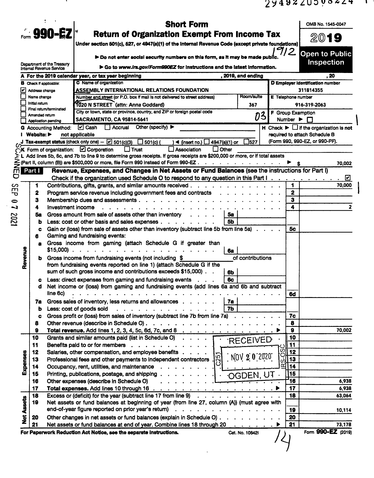 Image of first page of 2019 Form 990EZ for Assembly International Relations Foundation