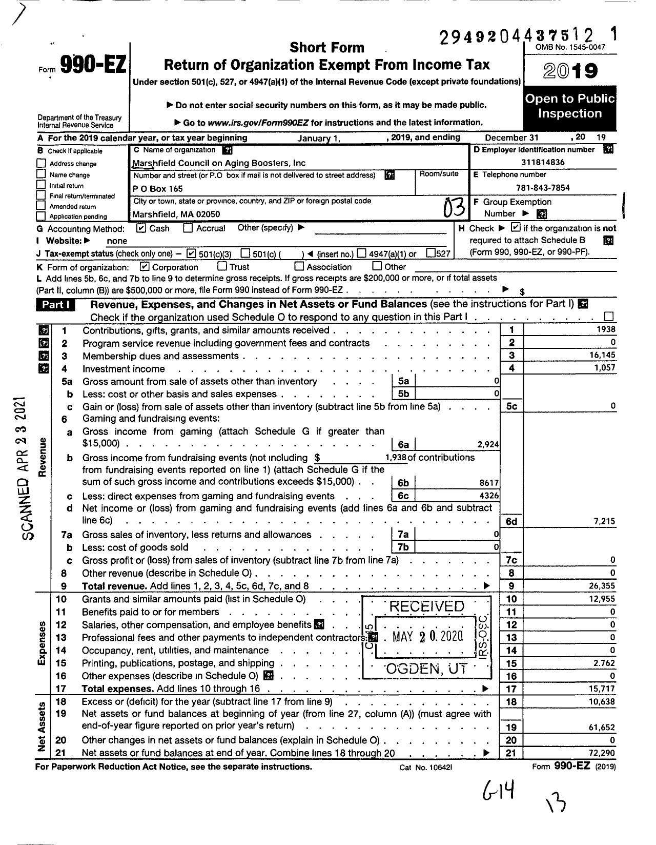 Image of first page of 2019 Form 990EZ for Marshfield Council on Aging Boosters