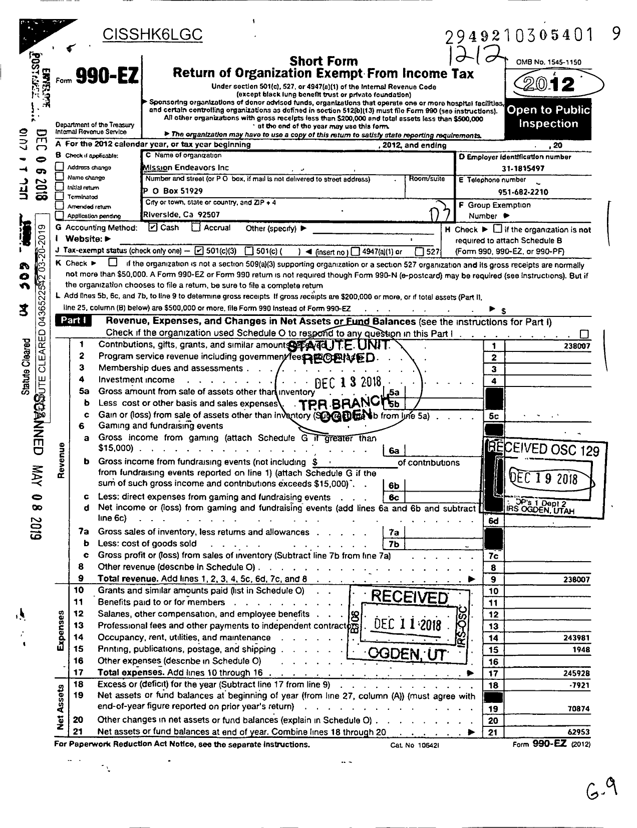 Image of first page of 2012 Form 990EZ for Mission Endeavors