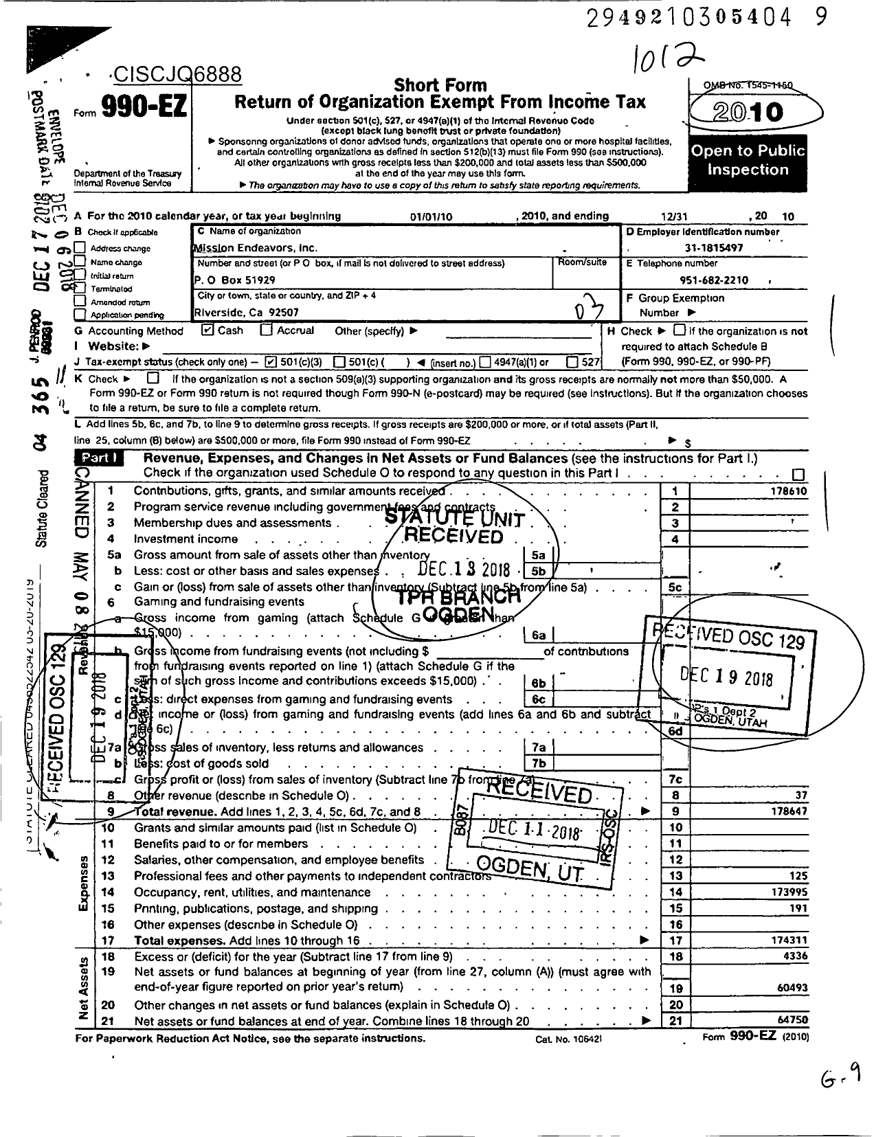 Image of first page of 2010 Form 990EZ for Mission Endeavors