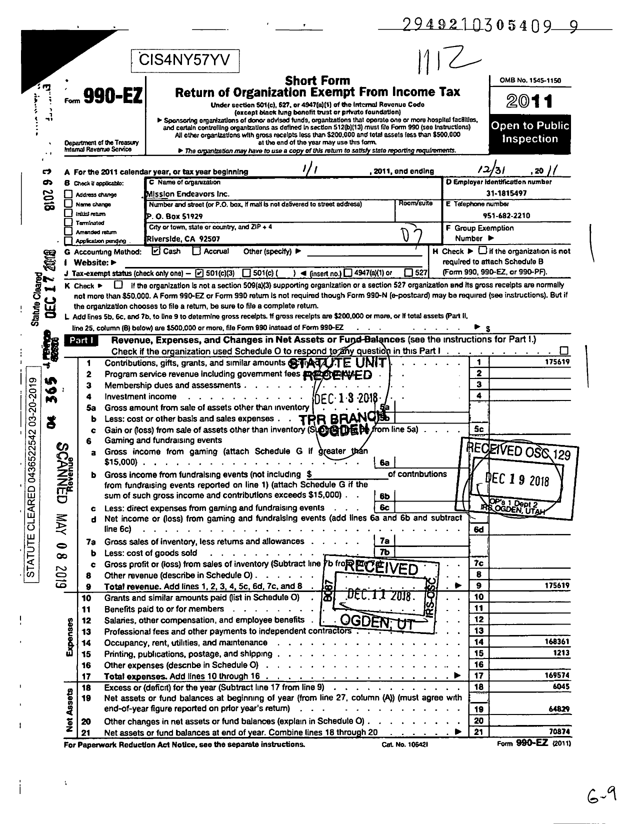 Image of first page of 2011 Form 990EZ for Mission Endeavors