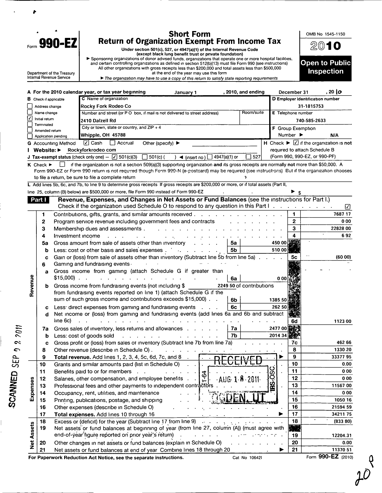 Image of first page of 2010 Form 990EZ for Rocky Fork Rodeo