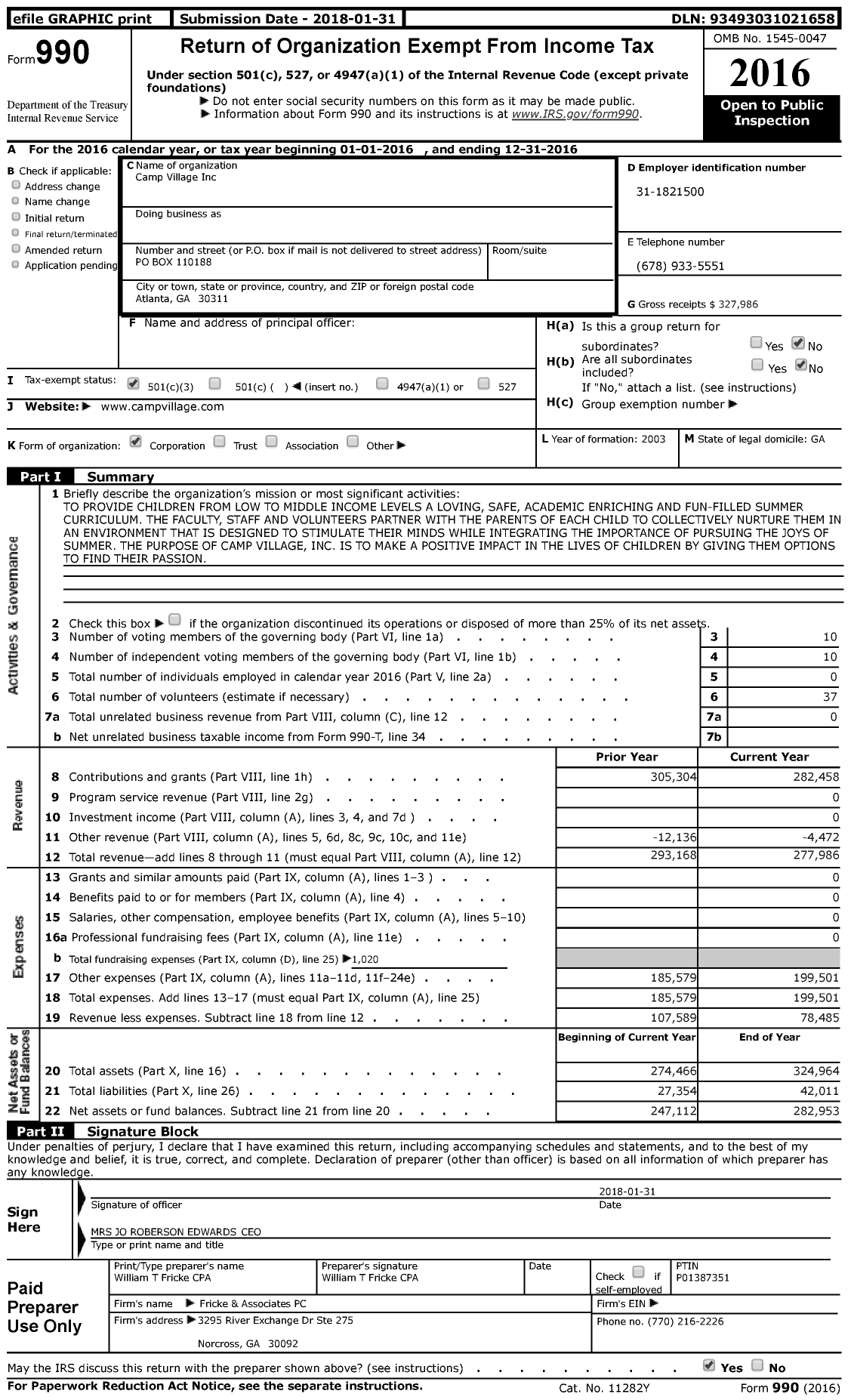 Image of first page of 2016 Form 990 for Camp Village