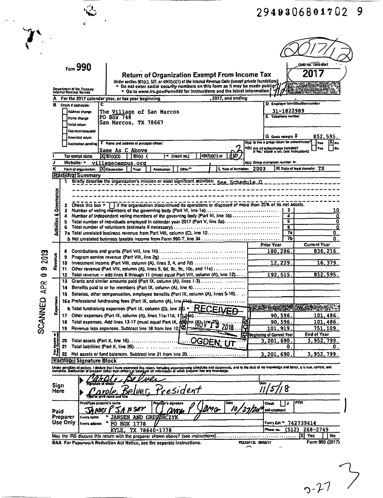 Image of first page of 2017 Form 990 for Village of San Marcos