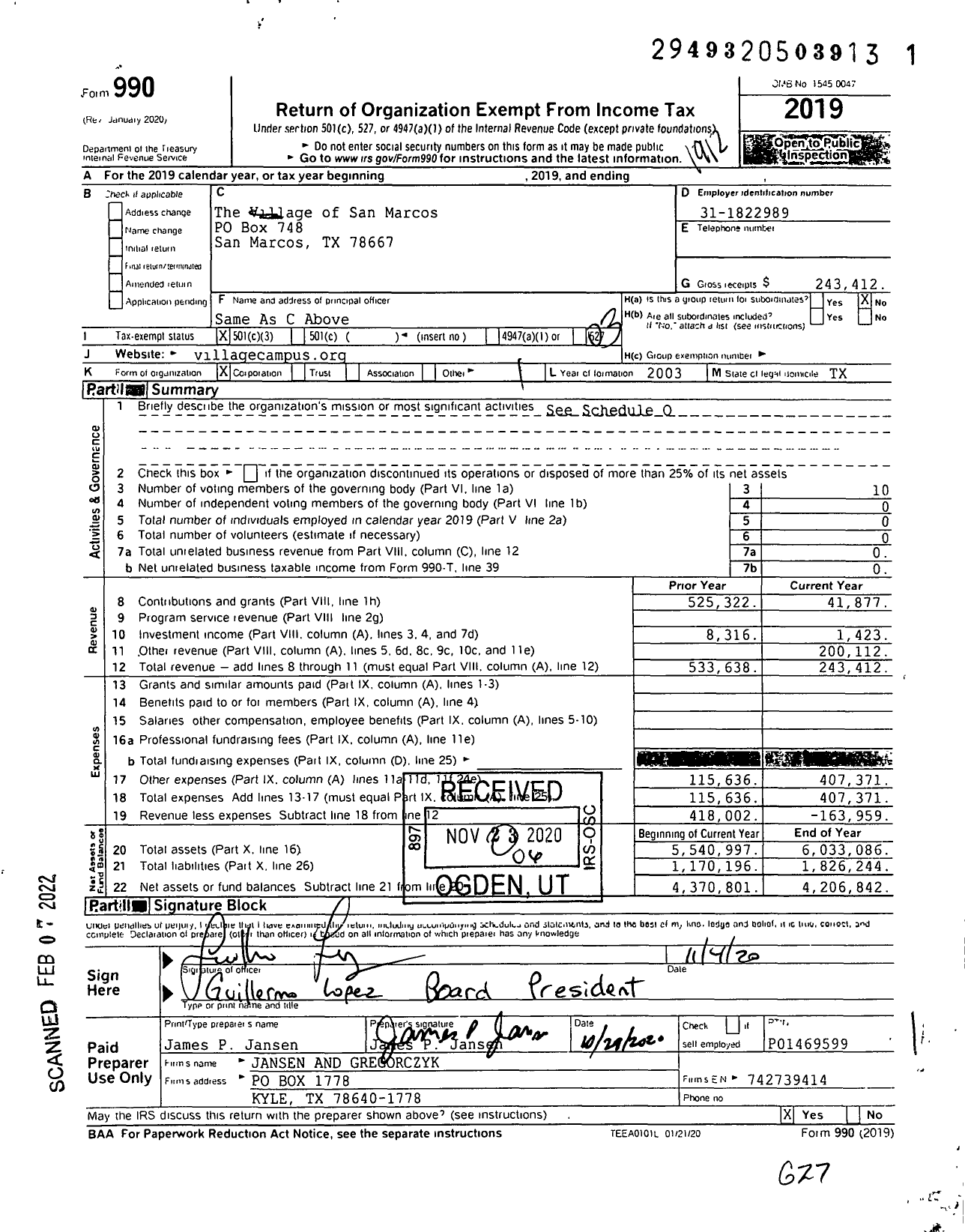 Image of first page of 2019 Form 990 for Village of San Marcos