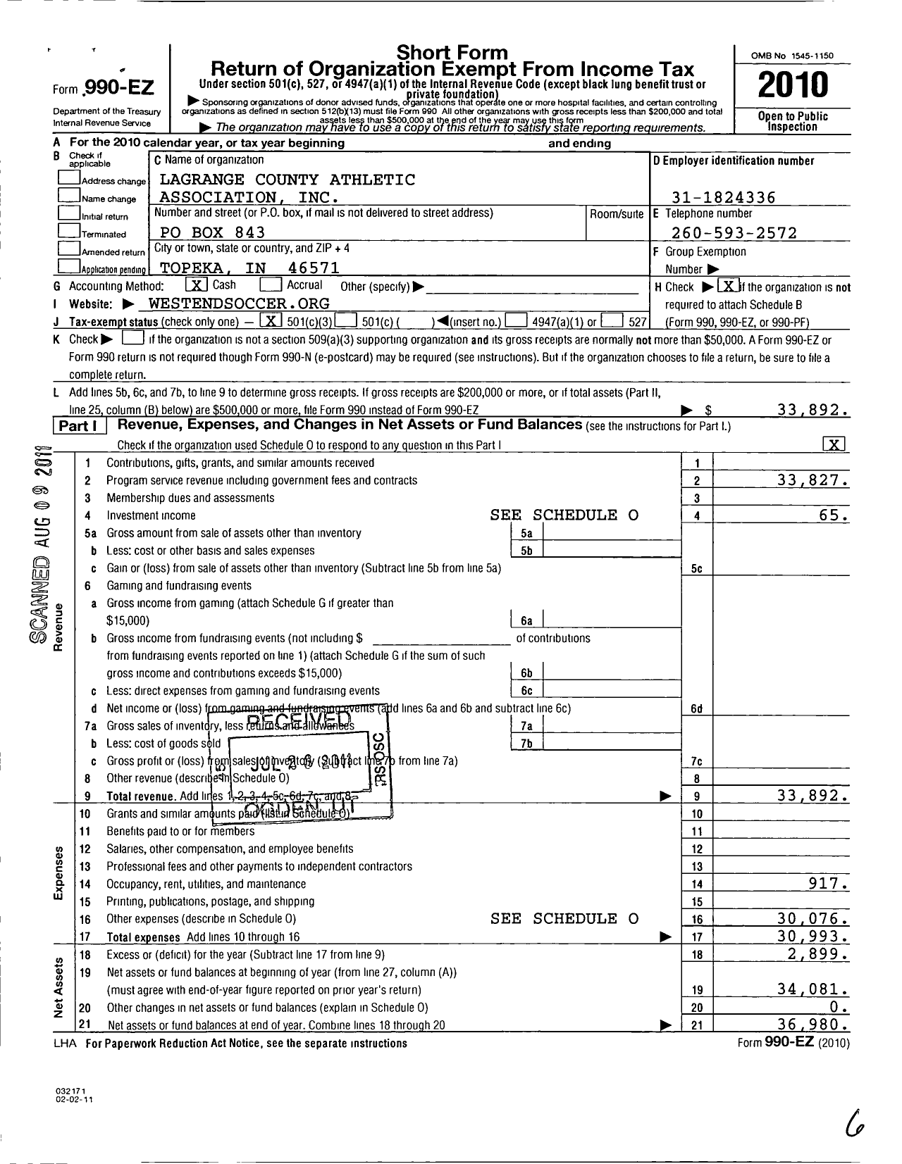 Image of first page of 2010 Form 990EZ for Lagrange County Athletic Association