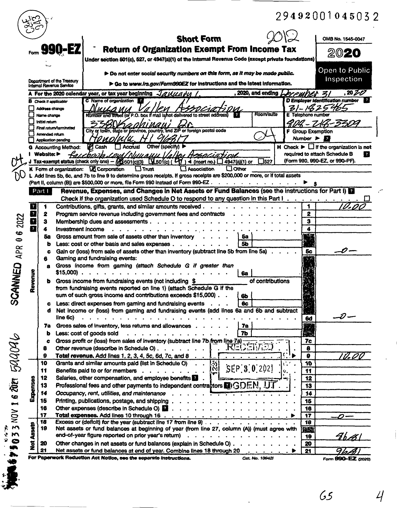 Image of first page of 2020 Form 990EO for Nuuanu Valley Association