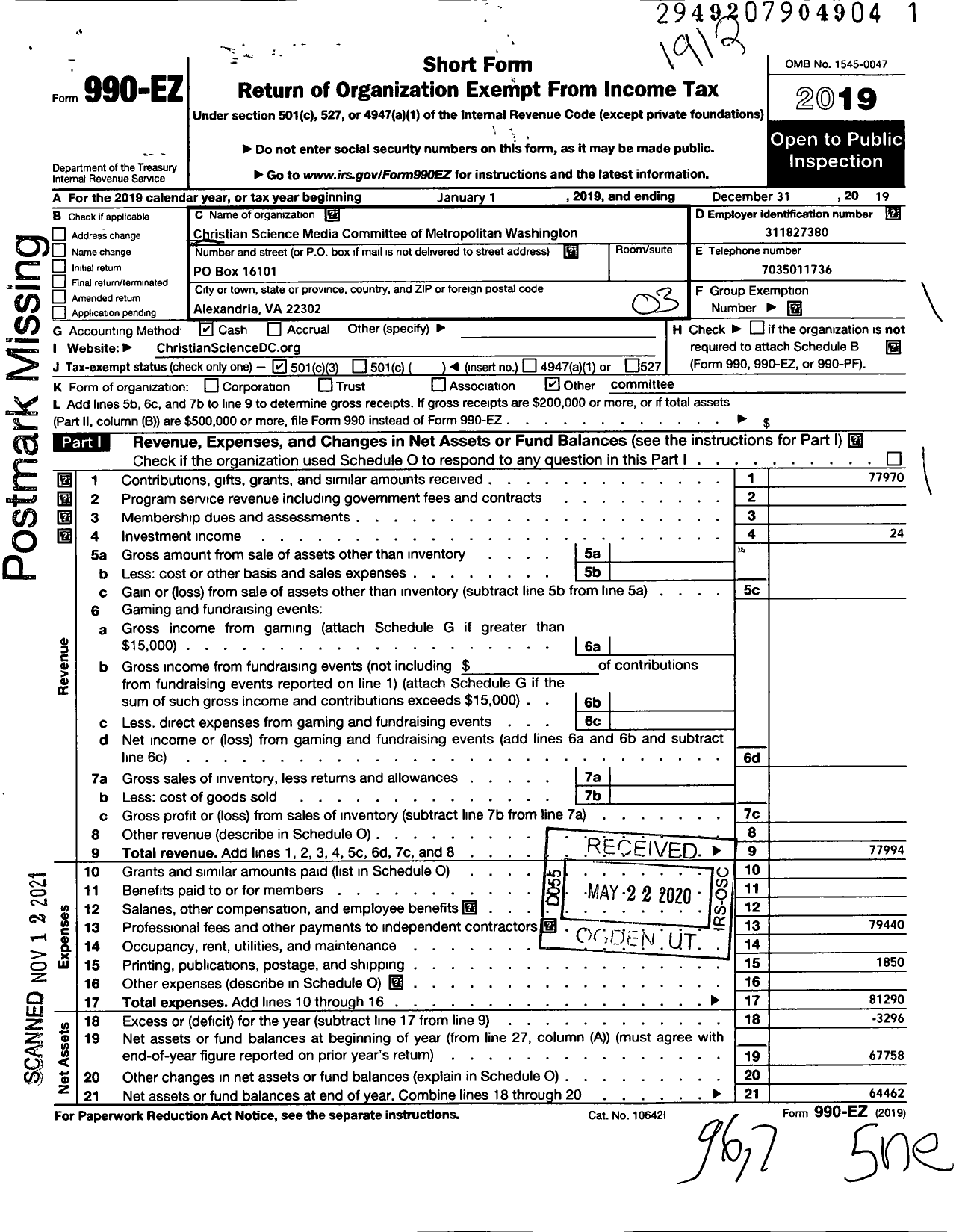 Image of first page of 2019 Form 990EZ for Christian Science Media Committee of Metropolitan Washington