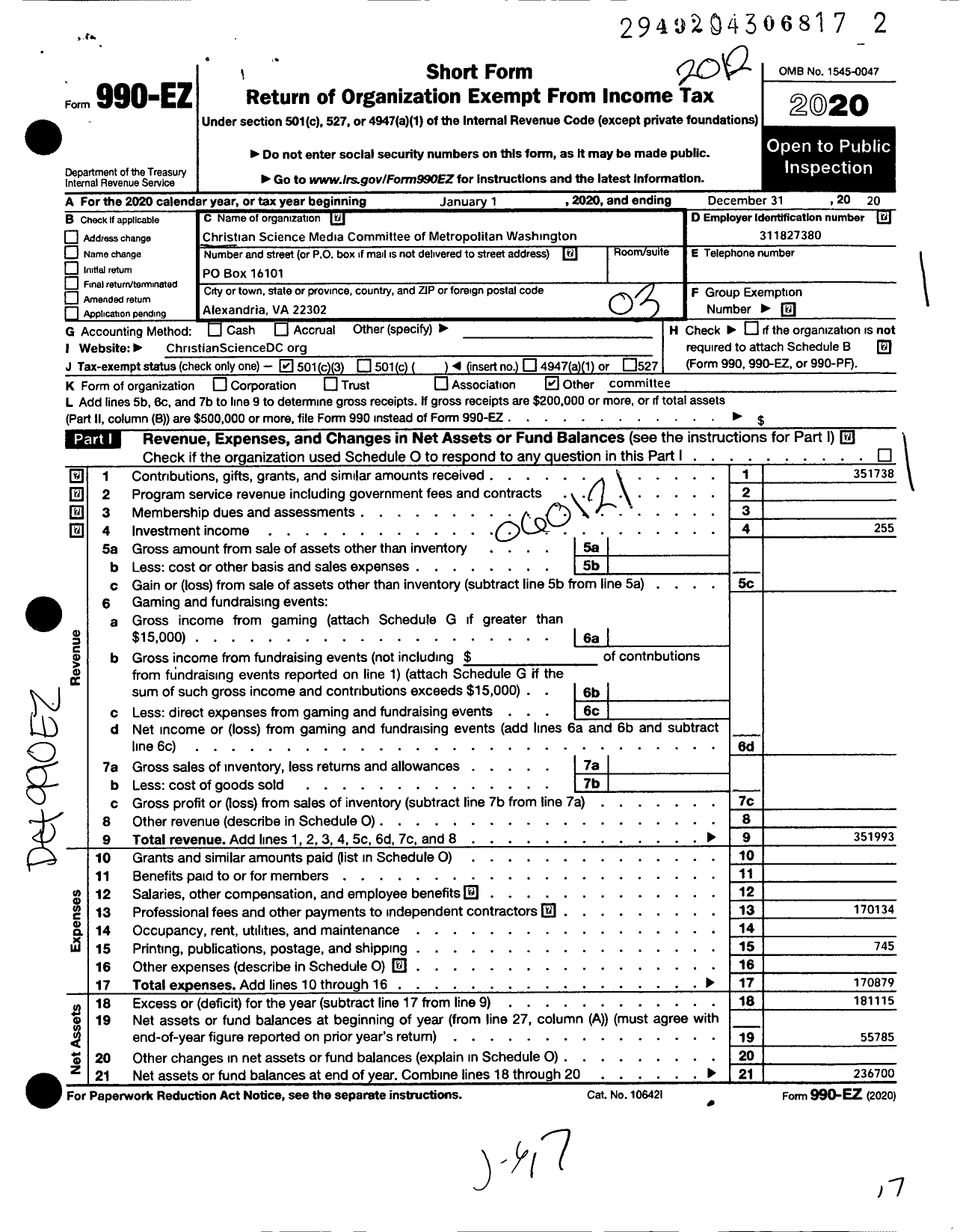 Image of first page of 2020 Form 990EZ for Christian Science Media Committee of Metropolitan Washington